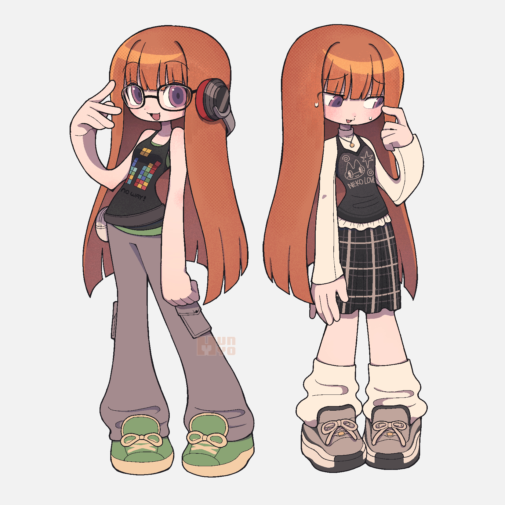 sakura futaba, persona, persona 5, commentary, hashtag-only commentary, highres, 1girl, black shirt, black skirt, blush, deformed, full body, glasses, grey pants, headphones, hyunyo, long sleeves, multiple views, open mouth, orange hair, pants, purple eyes, shirt, shoes, simple background, skirt, sleeveless, socks, standing
