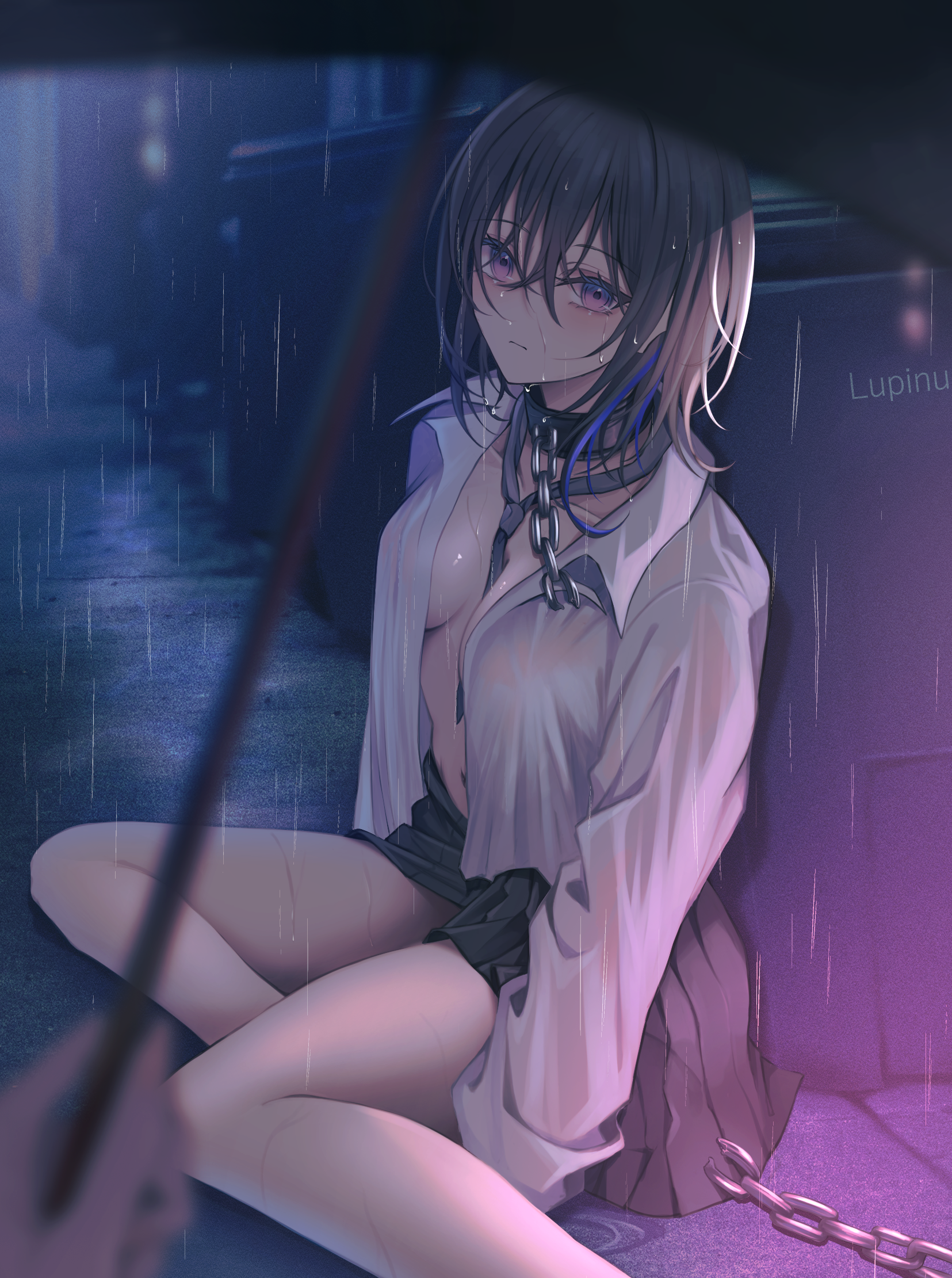 haru (haru83380282), ichinose uruha, vspo!, commentary request, highres, 1girl, 1other, black hair, blue streaks, blurry, blurry foreground, breasts, broken, broken chain, chain, choppy bangs, closed mouth, collar, crossed bangs, expressionless, grey necktie, grey shirt, grey skirt, hair between eyes, long bangs, long sleeves, looking at viewer, medium breasts, multicolored hair, navel, necktie, night, no bra, on ground, open clothes, open shirt, out of frame, outdoors, pleated skirt, pov, rain, shirt, sideboob, sitting, skirt, solo focus, streaked hair, virtual youtuber, water drop, wet, yokozuwari