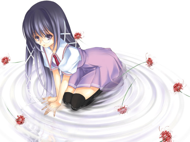 ayase hazuki, blush, flower, glasses, long hair, miniskirt, red flower, school uniform, serafuku, skirt, solo, spider lily, thighhighs, zettai ryouiki
