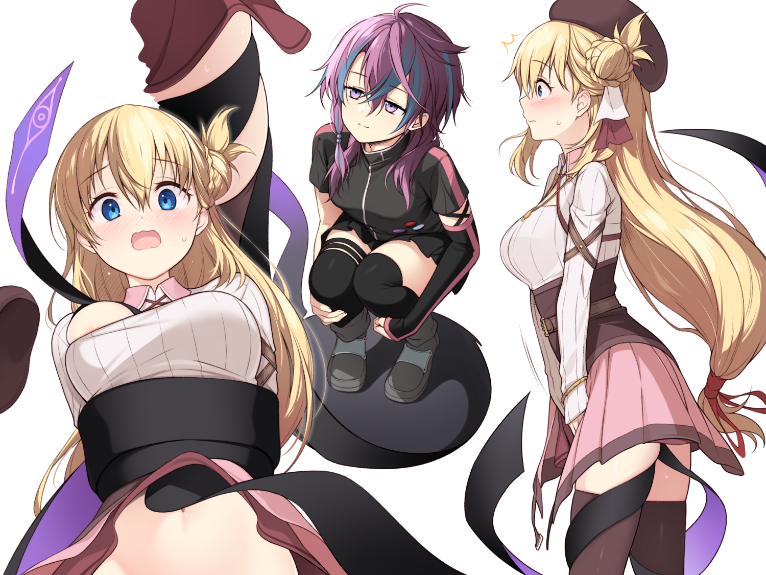 hakuleg, agnes claudel, jorda eldarion, eiyuu densetsu, kuro no kiseki, kuro no kiseki (series), kuro no kiseki ii, commentary, 2girls, ^^^, ahoge, aqua hair, areola slip, asymmetrical hair, black shirt, black shoes, black skirt, black thighhighs, blonde hair, blue eyes, blush, breasts, brown corset, brown thighhighs, bun with braided base, closed mouth, corset, cowboy shot, full body, hair between eyes, hair bun, hair ribbon, hugging own legs, jitome, legs together, living shadow, long hair, long sleeves, looking at another, looking down, low-tied long hair, medium breasts, medium hair, miniskirt, multicolored hair, multiple girls, multiple views, navel, open mouth, pink skirt, pleated skirt, profile, purple eyes, purple hair, red ribbon, restrained, ribbed shirt, ribbon, shirt, shoes, simple background, single side bun, single sidelock, skirt, squatting, standing, streaked hair, surprised, sweat, thighhighs, two-tone hair, underbust, wavy mouth, white background, white ribbon, white shirt, wing collar, yuri