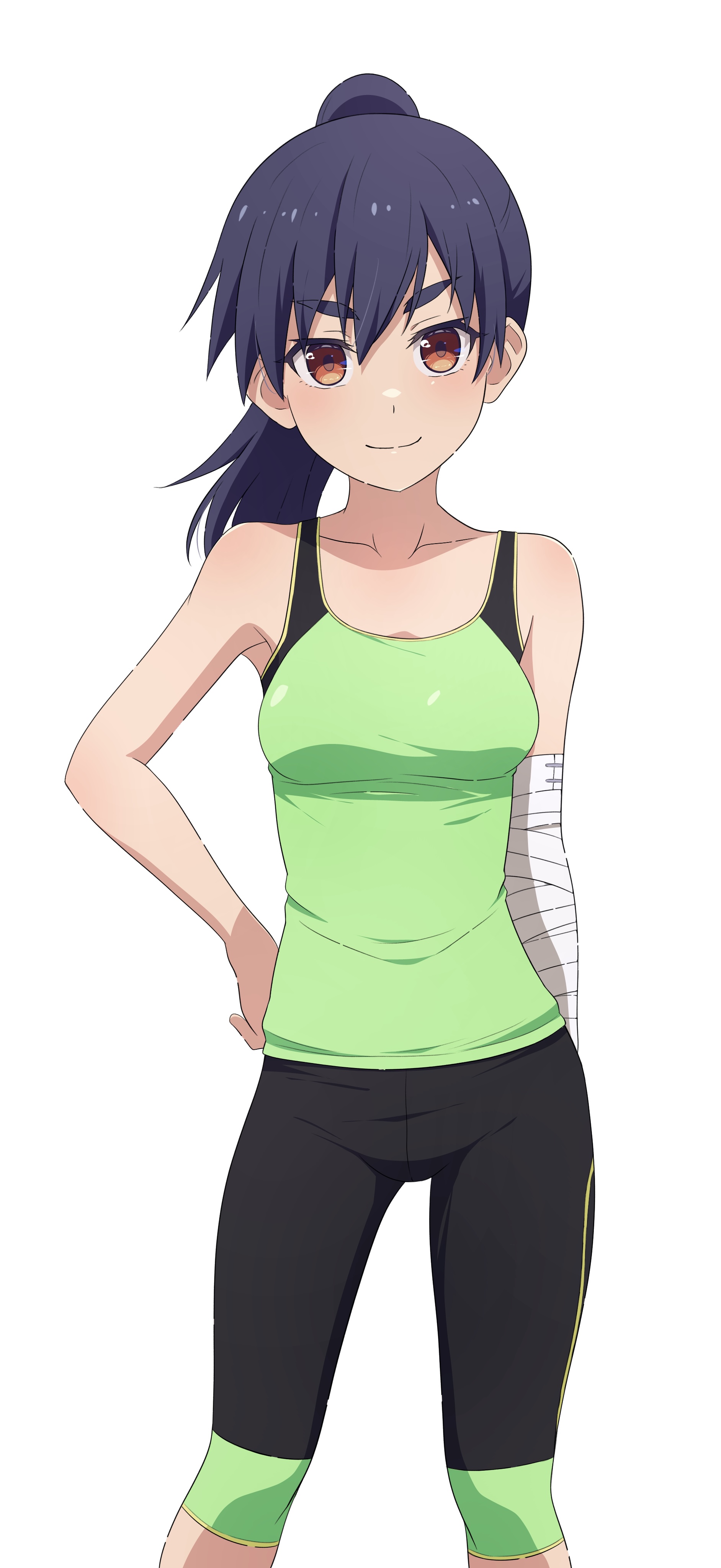 na-suke, kanbaru suruga, monogatari (series), absurdres, commentary, highres, 1girl, bandaged arm, bandages, black hair, breasts, brown eyes, collarbone, green tank top, hand on own hip, looking at viewer, medium breasts, ponytail, simple background, smile, sportswear, standing, tank top, thick eyebrows, white background