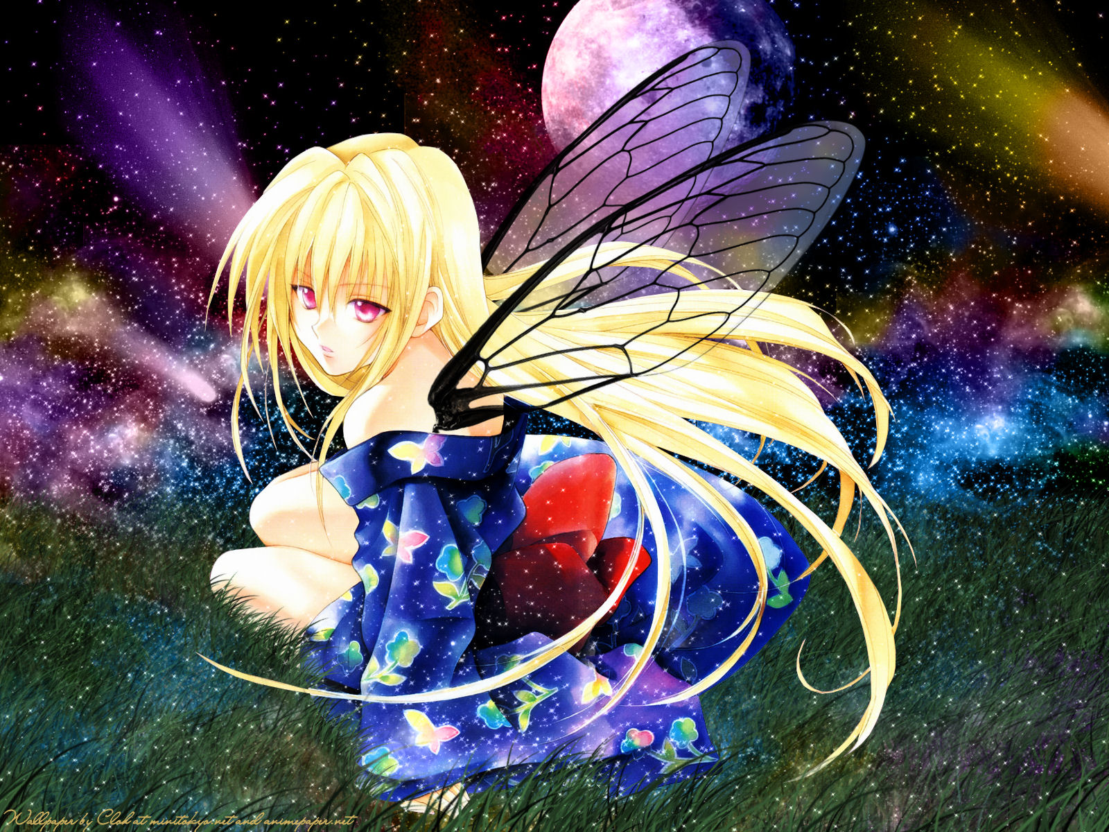 eve (black cat), black cat (series), highres, 00s, fairy, japanese clothes, kimono, long hair, open clothes, open shirt, shirt, wings