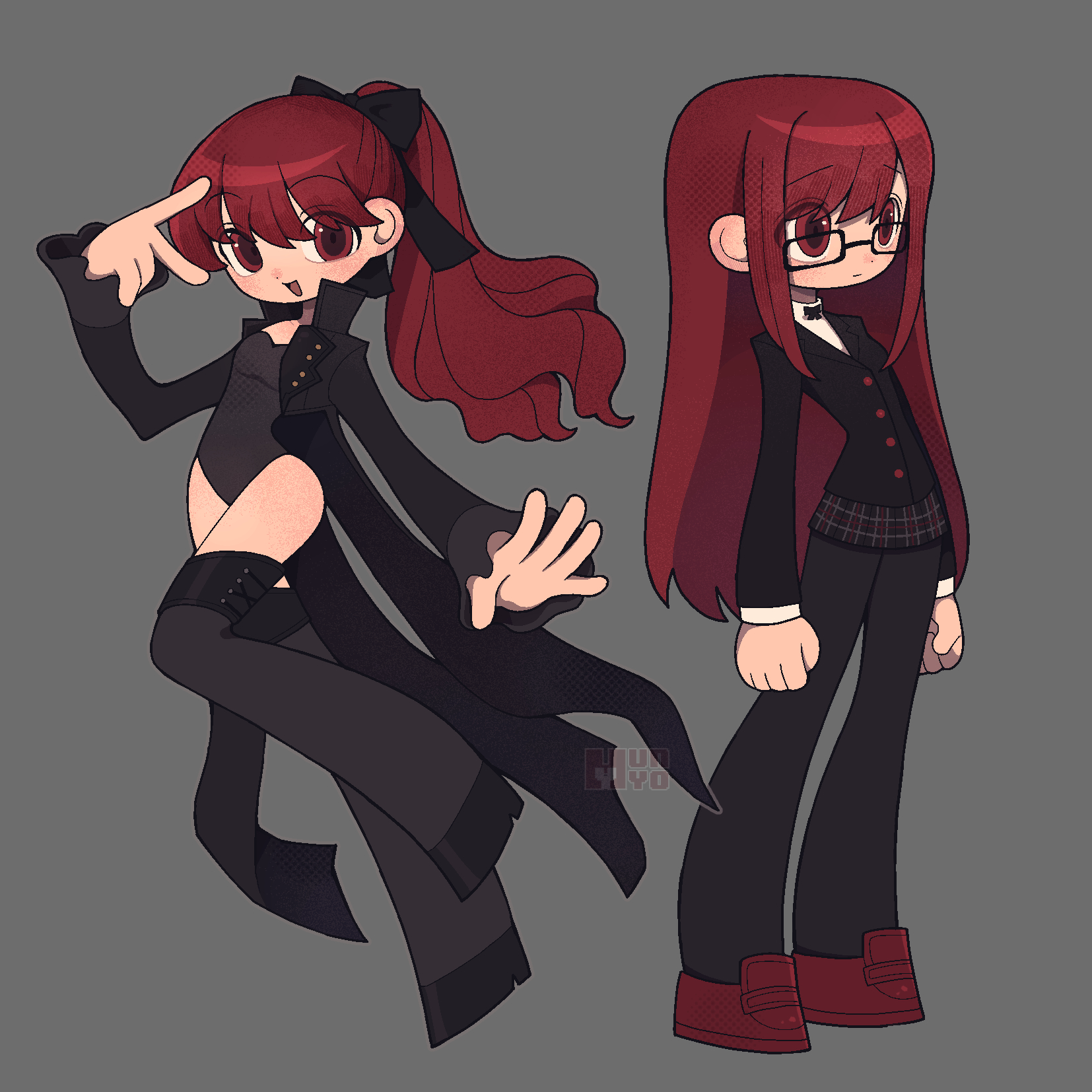 persona, persona 5, character request, commentary, hashtag-only commentary, highres, 2girls, black boots, black bow, black coat, black jacket, black pantyhose, boots, bow, closed mouth, coat, deformed, full body, glasses, grey background, hair bow, hyunyo, jacket, long hair, multiple girls, open clothes, open coat, open mouth, pantyhose, ponytail, red eyes, red hair, red shoes, shoes, simple background, skirt, standing