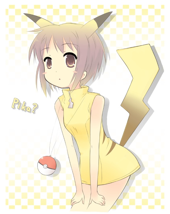 nagato yuki, pikachu, nintendo, pokemon, suzumiya haruhi no yuuutsu, hand on leg, 1girl, animal ears, bare shoulders, blush, brown eyes, brown hair, checkered background, cosplay, costume, female focus, flat chest, gen 1 pokemon, pikachu (cosplay), poke ball, purple hair, short hair, skirt, solo, tail