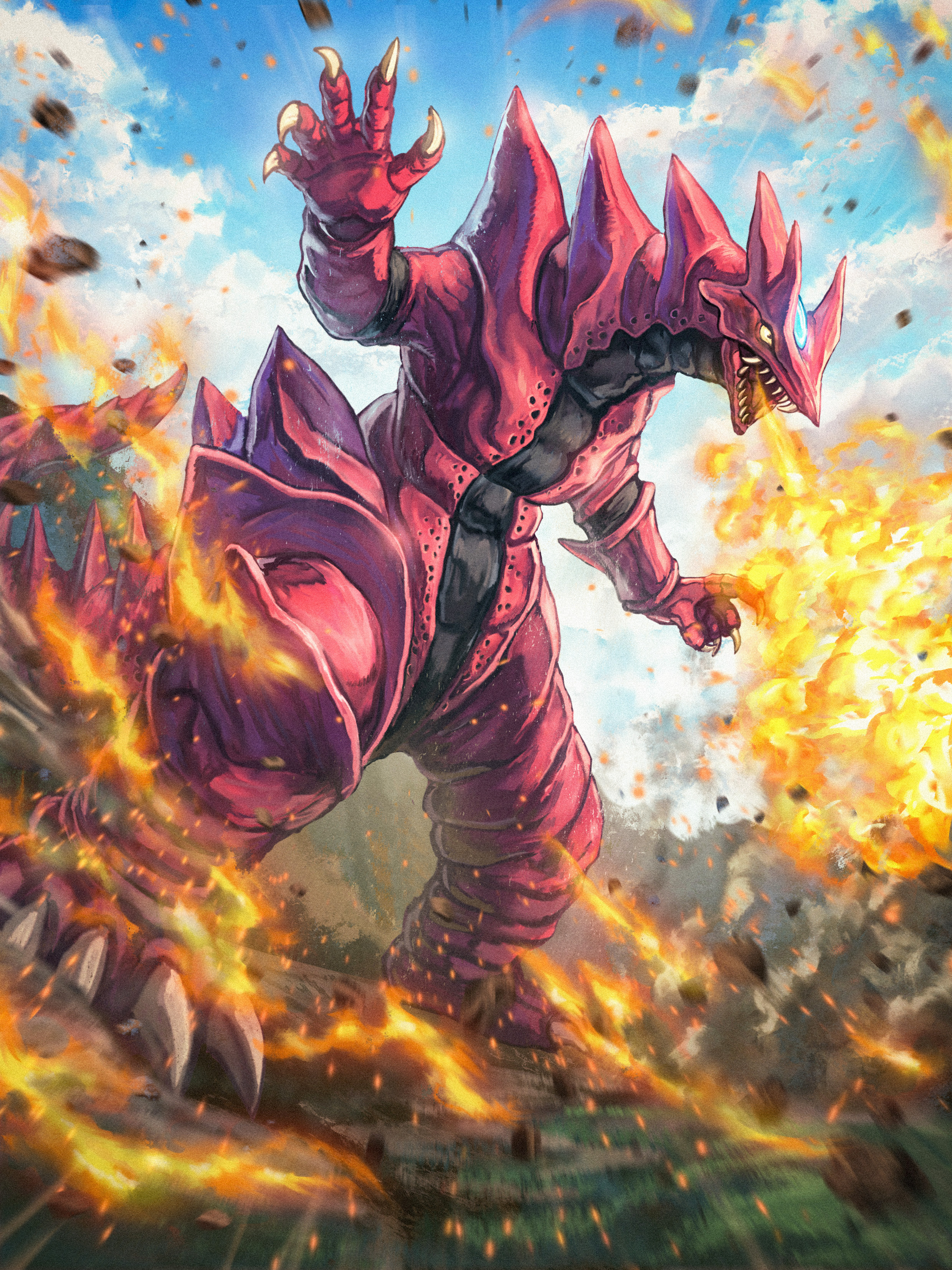 robuja, ultra series, ultraman dyna (series), absurdres, commentary, highres, back spikes, black skin, blue gemstone, blue sky, blurry, breath weapon, breathing fire, clawed feet, claws, cloud, cloudy sky, colored skin, day, debris, depth of field, destruction, dust cloud, dutch angle, emphasis lines, film grain, fire, forehead jewel, full body, gem, glowing, glowing gem, grass, hands up, head spikes, kaiju, light particles, long tail, looking ahead, mons-ahgar, monster, monster focus, mountainous horizon, multicolored skin, no humans, open mouth, outdoors, red skin, sharp teeth, sky, solo, spikes, tail, teeth, tokusatsu, two-tone skin