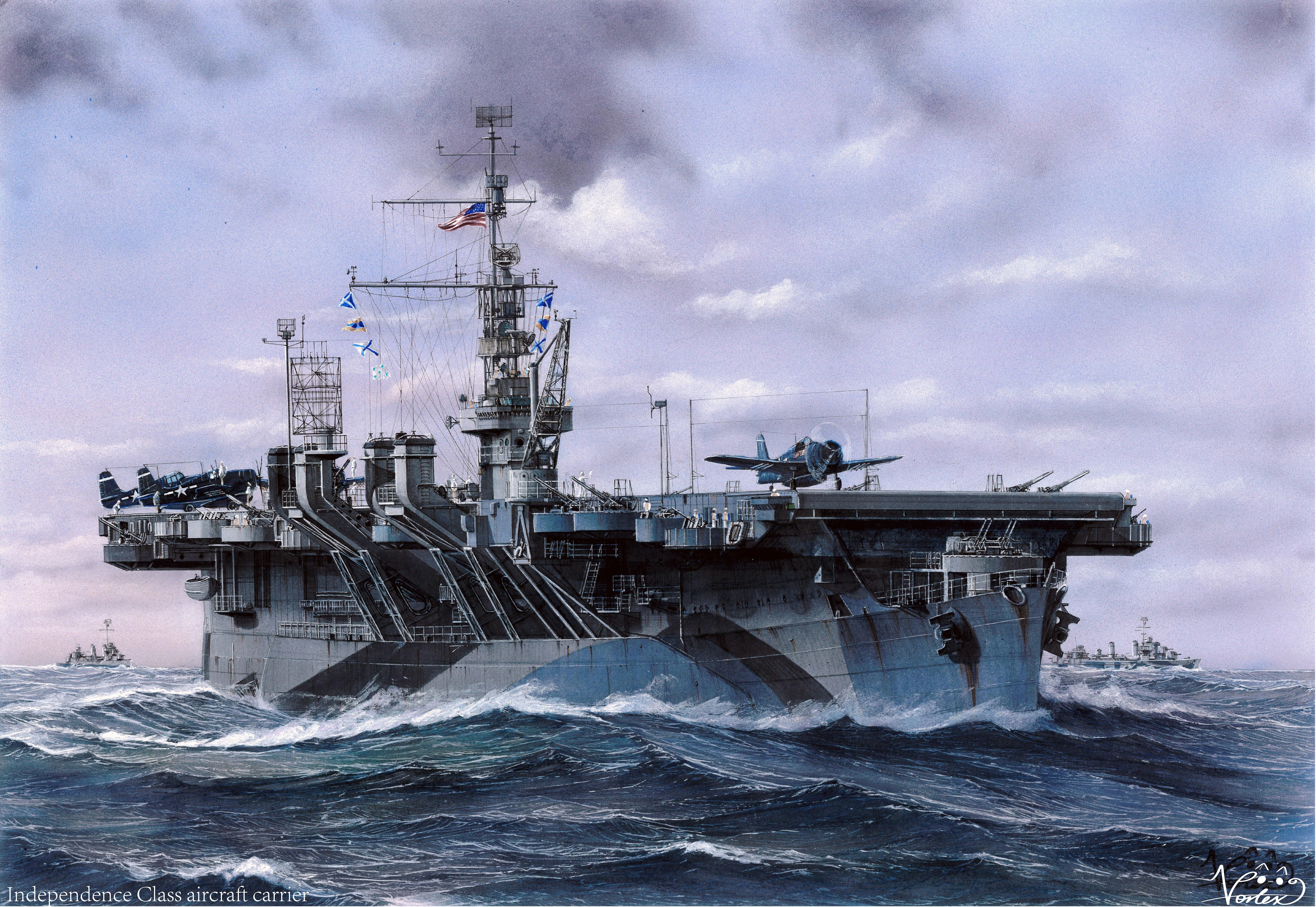 vortex (xu xuanwo), uss independence (cvl-22), original, united states navy, absurdres, highres, aircraft, aircraft carrier, airplane, american flag, anchor, anti-aircraft, anti-aircraft gun, cloud, day, mast, military vehicle, ocean, outdoors, propeller fighter, radar, ship, smokestack, vehicle focus, warship, watercraft