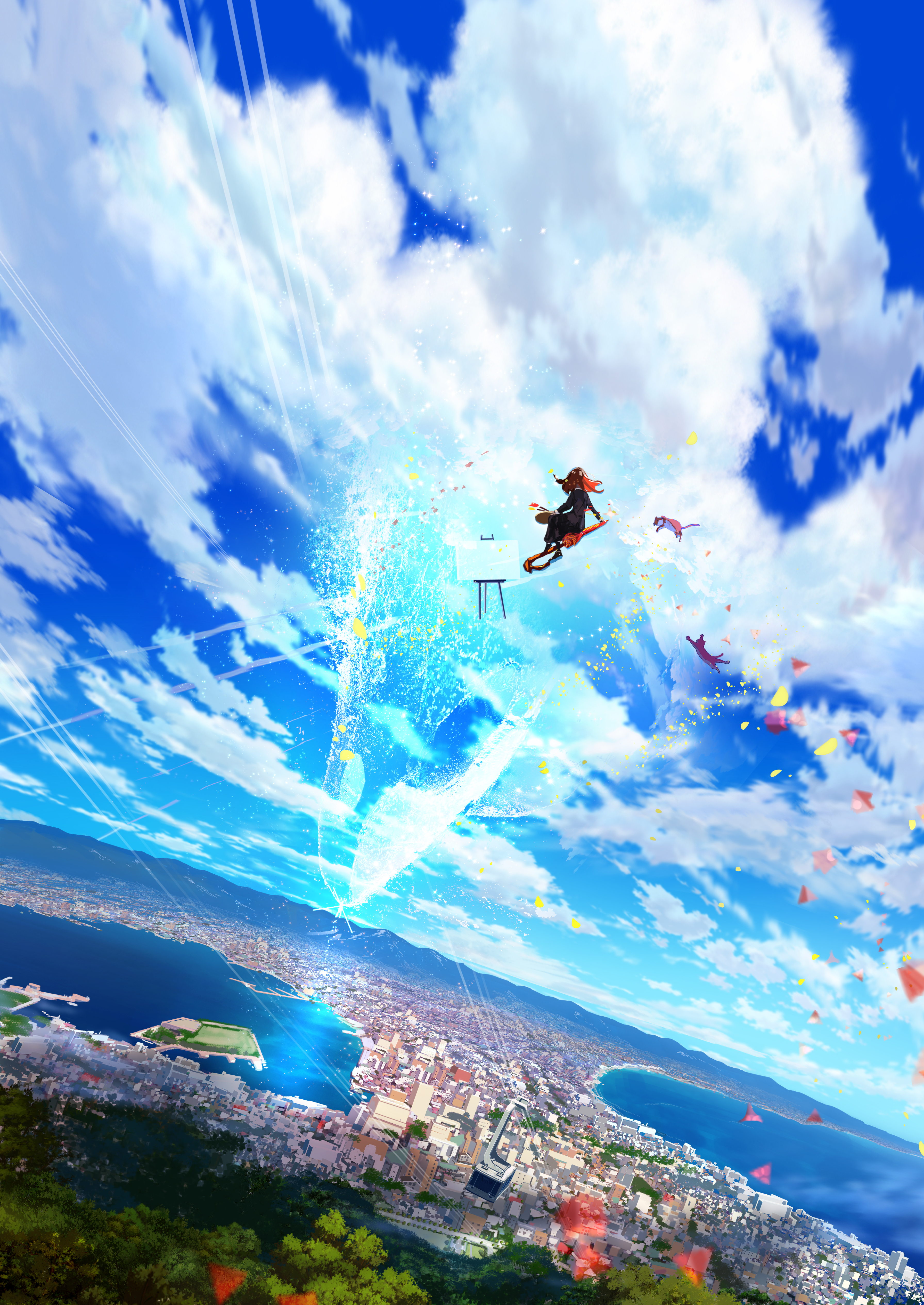 makoron117117, original, absurdres, commentary request, highres, variant set, 1girl, aerial tram, bay, black dress, blue sky, cat, city, cloud, cloudy sky, day, dress, dutch angle, easel, floating, from behind, hakodate (city), holding, holding paint palette, holding paintbrush, landscape, long hair, long sleeves, mountainous horizon, orca, outdoors, paint palette, paintbrush, real world location, red hair, scenery, sky, solo, surreal, umbrella, very wide shot