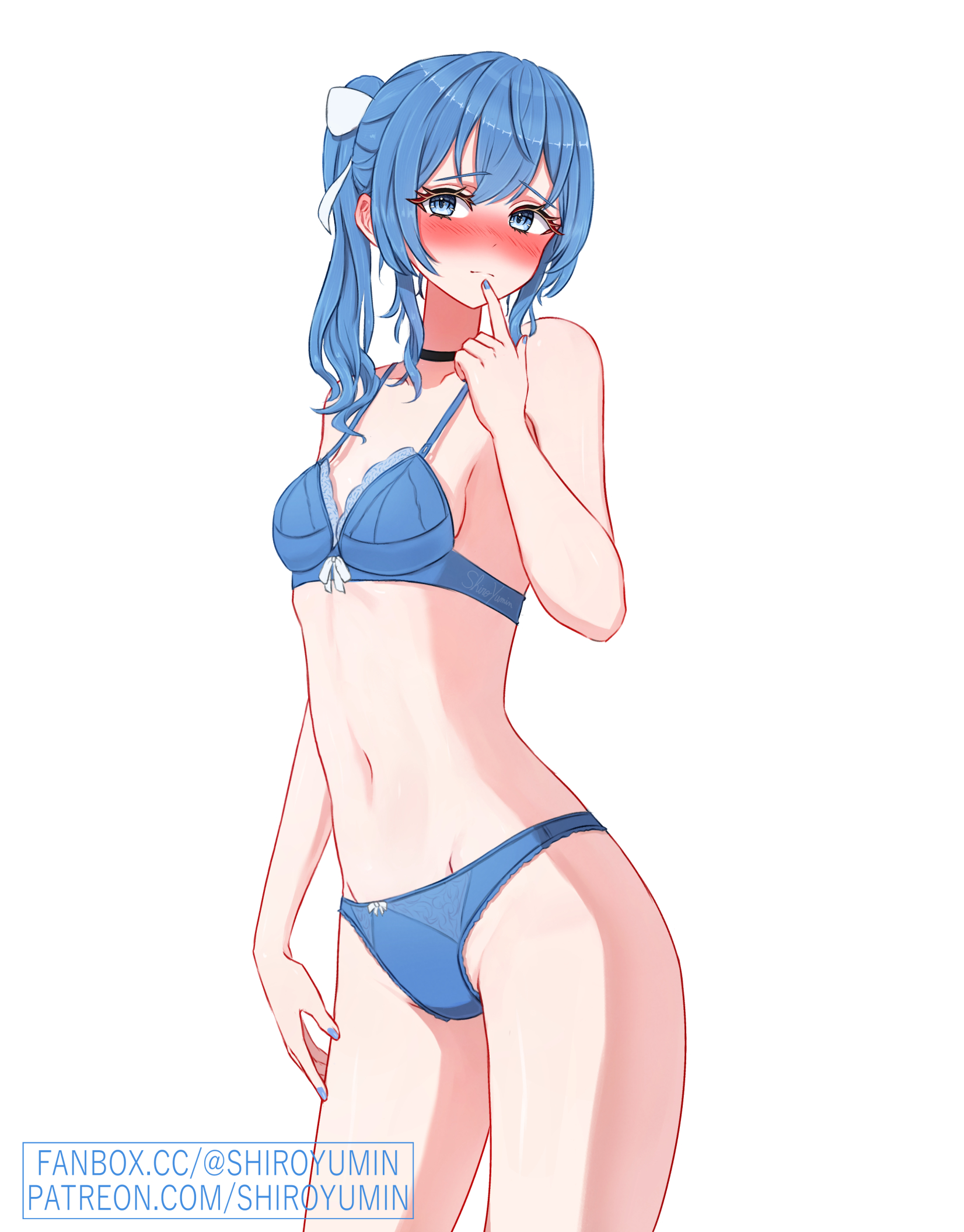 shiroyumin, hoshimachi suisei, hololive, commentary, highres, 1girl, artist name, black choker, black panties, blue bra, blue eyes, blue hair, blue nails, blush, bra, breasts, choker, full-face blush, hair ribbon, index finger raised, navel, panties, raised eyebrows, ribbon, side ponytail, simple background, small breasts, solo, stomach, underwear, underwear only, wavy hair, white background