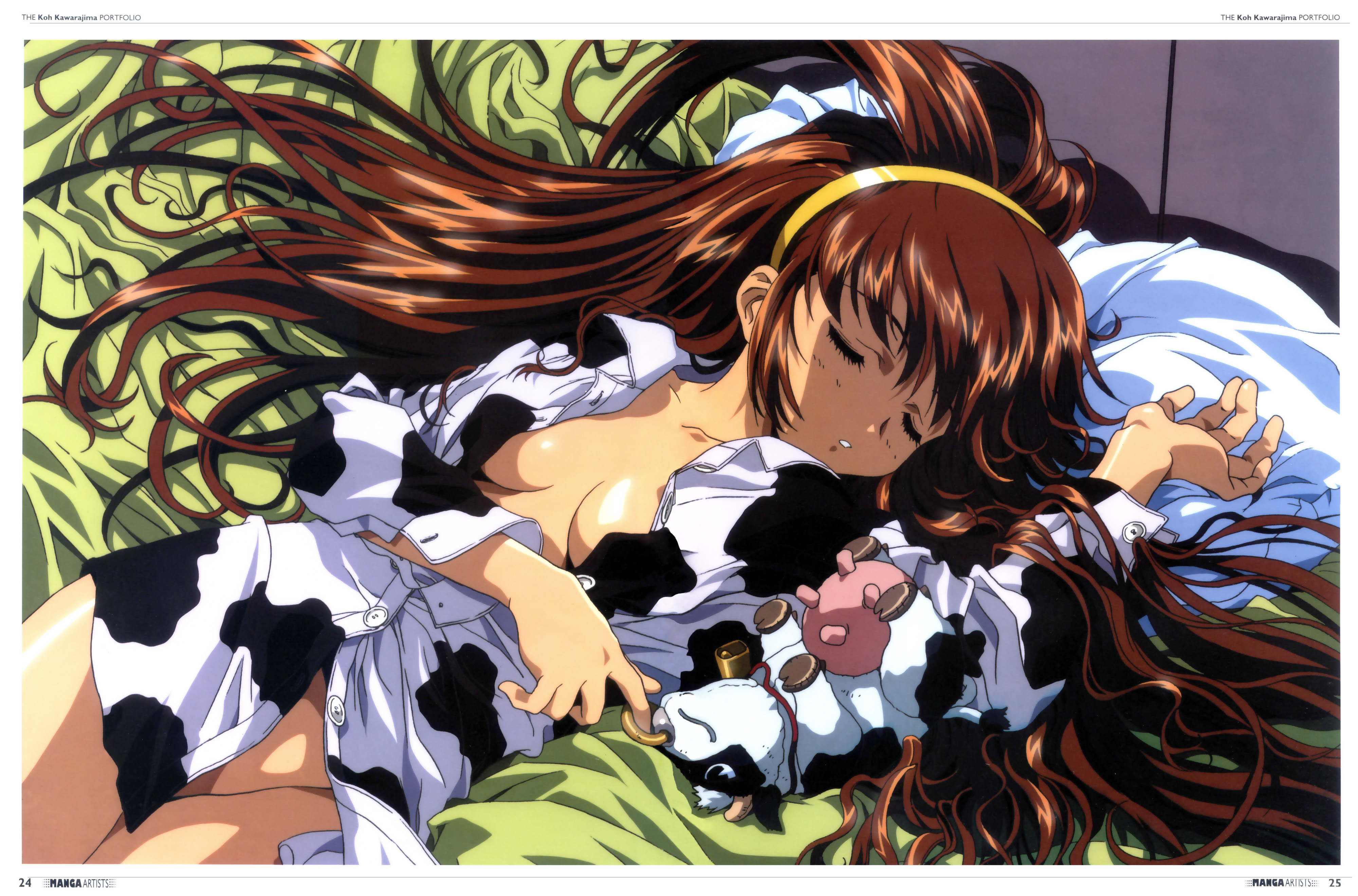 kawarajima kou, kanzaki akari, battle athletes, absurdres, highres, 1990s (style), bed, bottomless, brown hair, closed eyes, hairband, long hair, lying, no bra, no panties, open clothes, open shirt, pillow, retro artstyle, shirt, sleeping, stuffed animal, stuffed toy