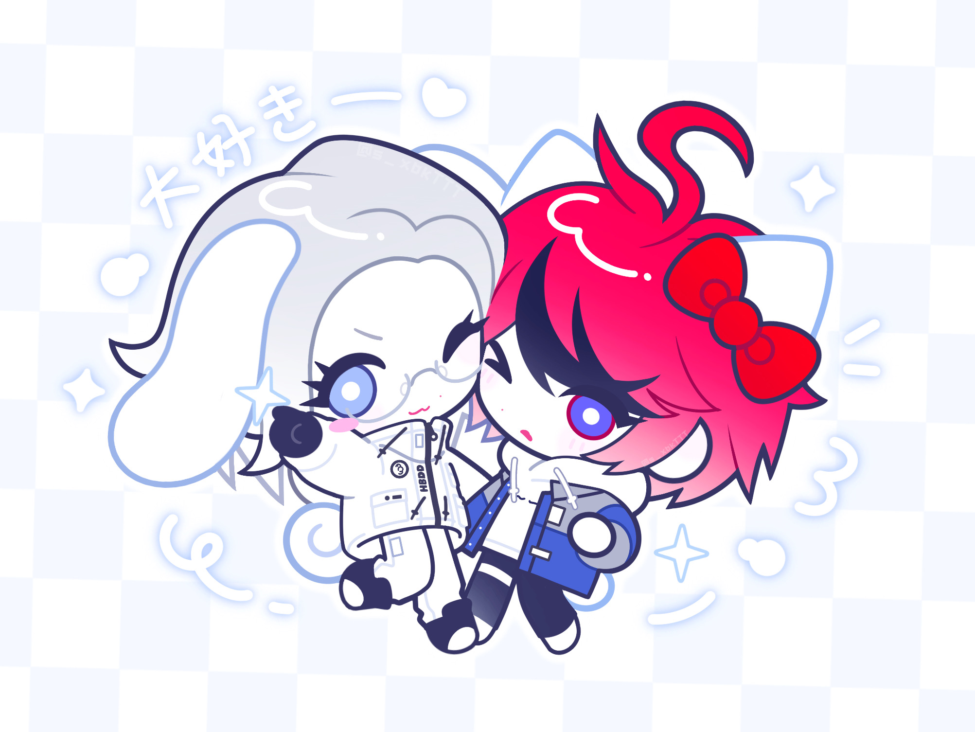 aotsuki eito, cinnamoroll, hello kitty (character), sumino takumi, fuwa fuwa cinnamoroll, hello kitty, sanrio, the hundred line -last defense academy-, chinese commentary, commentary request, highres, 2boys, ;3, ahoge, animal ears, black gloves, black hair, black pants, black shoes, blue eyes, blue jacket, blush stickers, bow, bright pupils, cat ears, cat tail, checkered background, chibi, chibi only, colored skin, dog ears, dog tail, drawstring, extra ears, glasses, gloves, grey hair, grey jacket, heart, high collar, hood, hood down, hoodie, jacket, jacket over hoodie, leg up, long sleeves, male focus, multicolored hair, multicolored jacket, multiple boys, one eye closed, open clothes, open jacket, open mouth, pants, pocket, pointing, red bow, red hair, semi-rimless eyewear, shoes, short hair, sickt, single blush sticker, single eyebrow, sparkle, streaked hair, tail, thigh strap, two-tone hair, two-tone jacket, v-shaped eyebrows, white hoodie, white jacket, white pants, white pupils, white shoes, white skin, zipper pull tab
