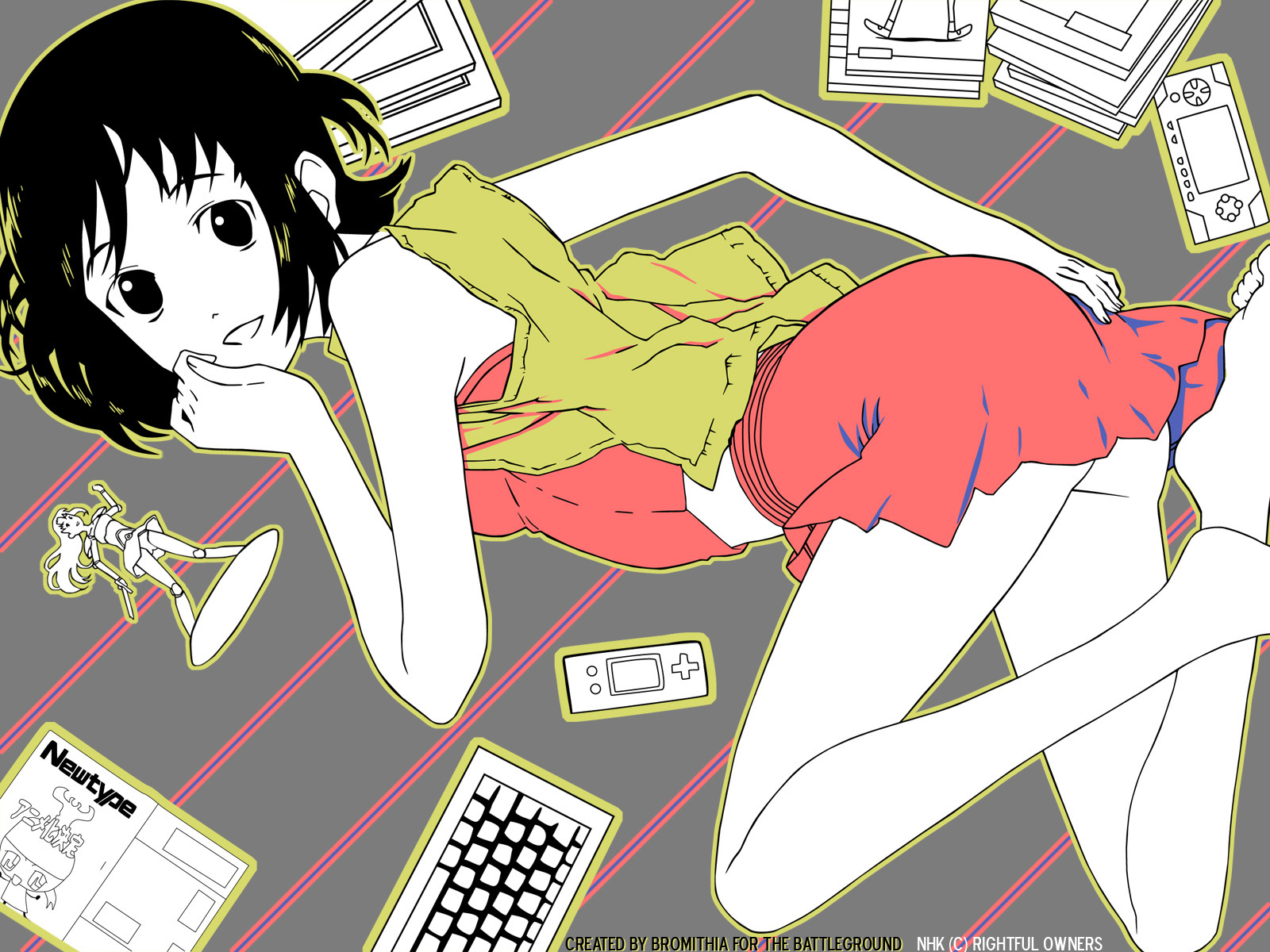 nhk, nhk ni youkoso!, derivative work, highres, vector trace, 00s, ass, black eyes, black hair, midriff, short hair, smile