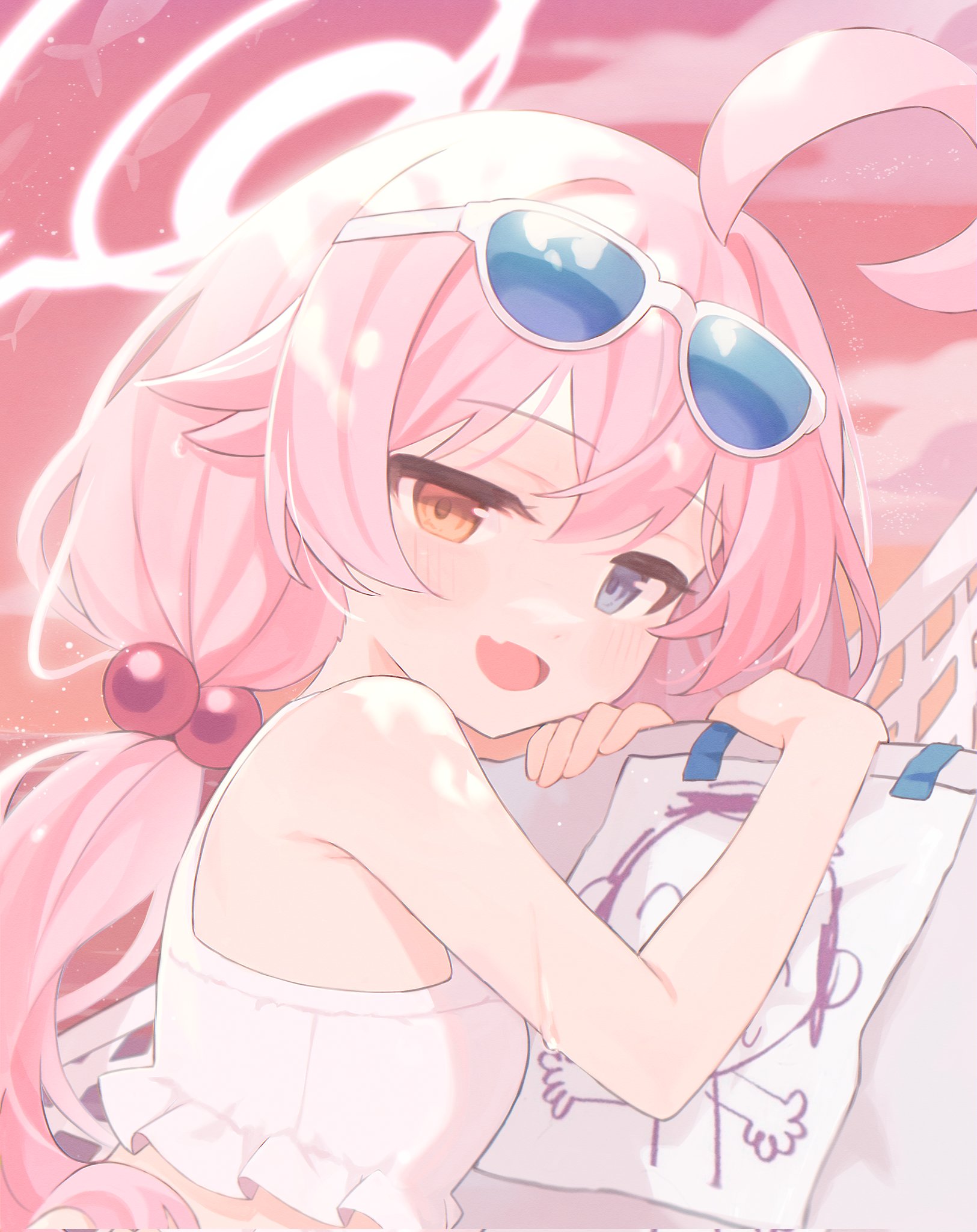 doodle sensei (blue archive), hoshino (blue archive), hoshino (swimsuit) (blue archive), sensei (blue archive), blue archive, highres, 1girl, ahoge, bare shoulders, bikini, blue-tinted eyewear, blue eyes, blush, breasts, eyewear on head, fang, frilled bikini, frills, hair between eyes, hair bobbles, hair ornament, halo, hammock, heterochromia, imro 0000, long hair, looking at viewer, low twintails, official alternate costume, open mouth, outdoors, pink hair, pink halo, pink sky, skin fang, sky, small breasts, smile, solo, sunglasses, swimsuit, tinted eyewear, twintails, upper body, white-framed eyewear, white bikini, yellow eyes