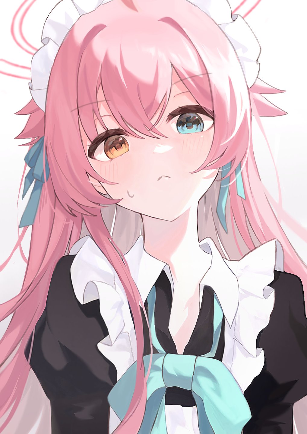 hoshino (blue archive), blue archive, highres, 1girl, :<, ahoge, alternate costume, apron, aqua ribbon, black dress, blue eyes, blush, closed mouth, crossed bangs, dress, enmaided, frilled apron, frills, hair between eyes, hair flaps, hair ribbon, halo, heterochromia, imro 0000, juliet sleeves, long hair, long sleeves, looking at viewer, maid, maid apron, maid headdress, open collar, pink hair, pink halo, puffy sleeves, ribbon, simple background, solo, sweatdrop, upper body, white apron, white background, yellow eyes