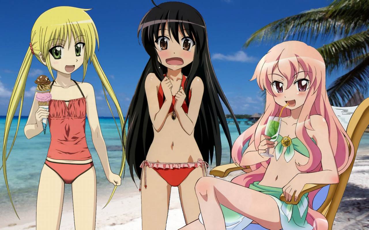 louise francoise le blanc de la valliere, sanzen'in nagi, shana, hayate no gotoku!, shakugan no shana, zero no tsukaima, artist request, 00s, ahoge, bikini, blush, crossover, flat chest, long hair, swimsuit, twintails
