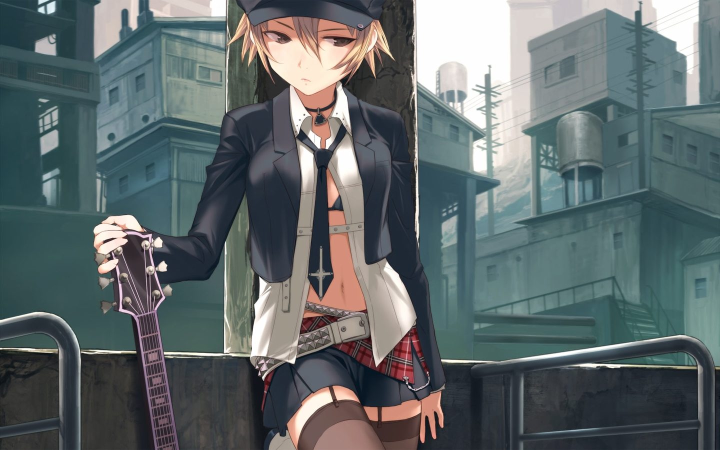 belt, bra, guitar, hat, instrument, lingerie, midriff, necktie, open clothes, open shirt, shirt, short hair, skirt, thighhighs, underwear