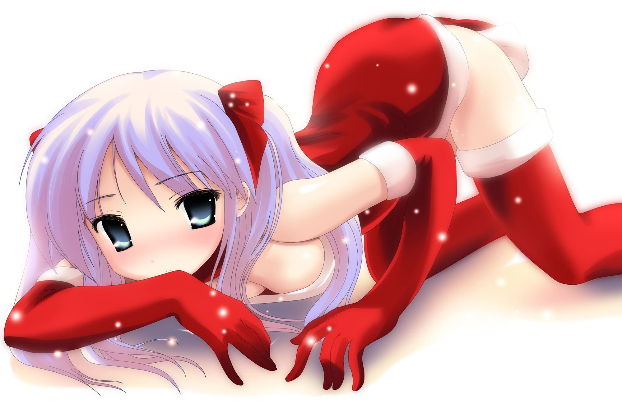 namamo nanase, hiiragi kagami, lucky star, highres, 00s, 1girl, bent over, blue eyes, blush, breasts, christmas, cleavage, downblouse, dress, elbow gloves, female focus, gloves, hair ribbon, long hair, purple hair, red gloves, red thighhighs, ribbon, santa costume, short dress, snow, snowing, solo, thighhighs, top-down bottom-up, twintails, zettai ryouiki