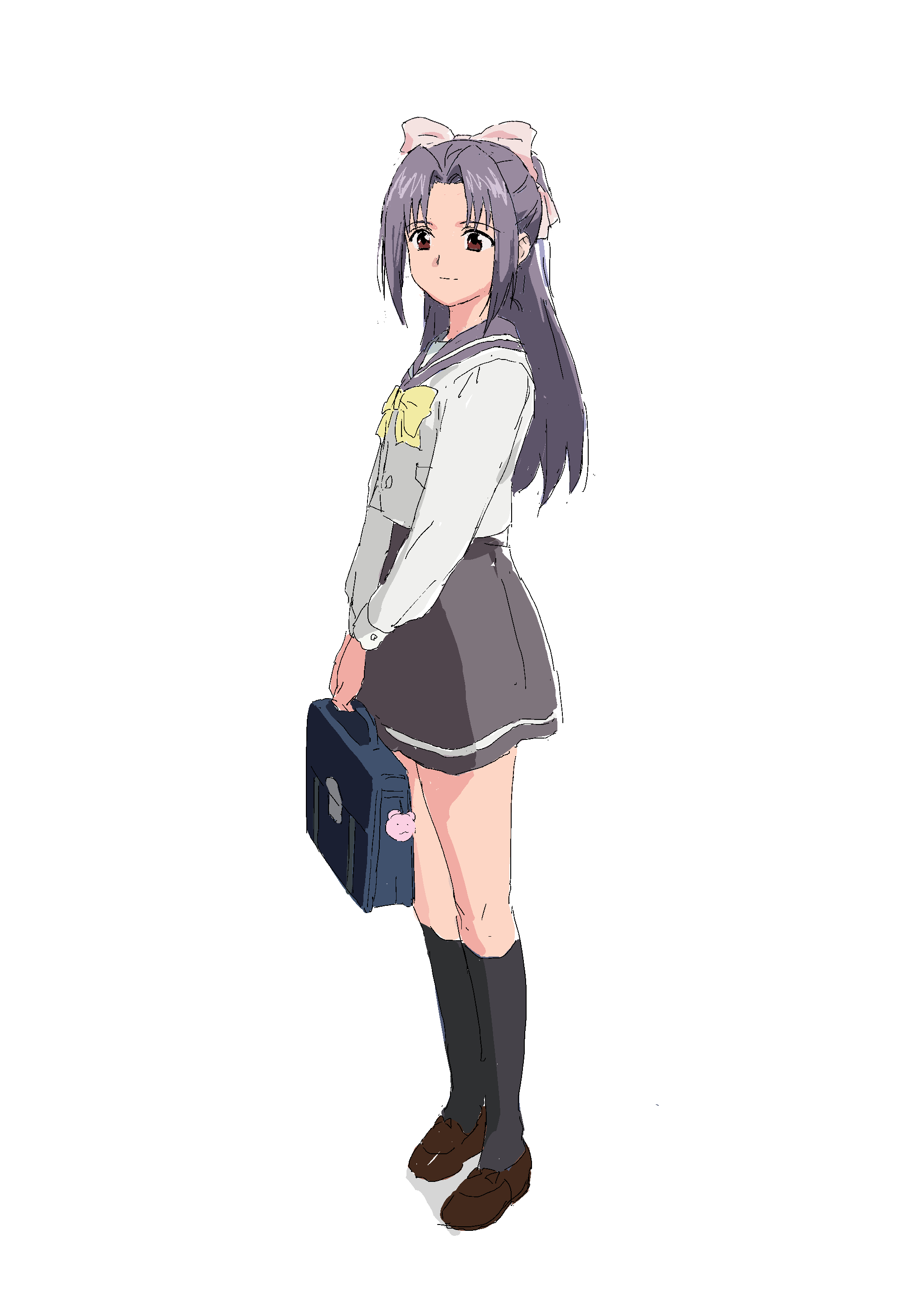 mmmkawaine, koigakubo momoko, gakkou no kaidan (anime), absurdres, highres, 1girl, :<, bag, black skirt, black socks, blouse, bow, brown eyes, brown shoes, hair bow, hair intakes, kneehighs, loafers, long hair, pink bow, ponytail, purple hair, sailor collar, school bag, school uniform, serafuku, shirt, shoes, simple background, skirt, socks, solo, standing, white background, white shirt, yellow bow