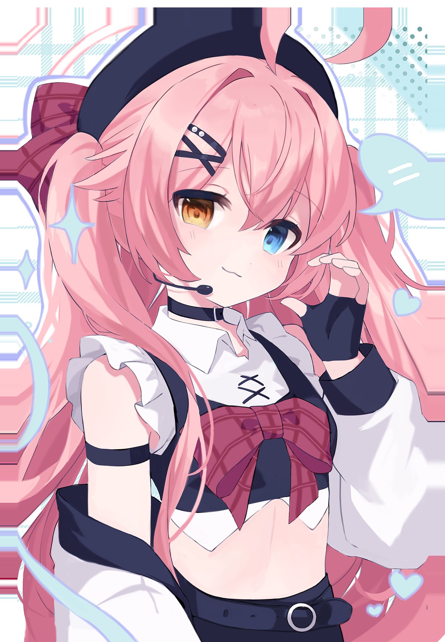 hoshino (blue archive), blue archive, highres, 1girl, :3, ahoge, arm strap, armband, belt, beret, black armband, black belt, black choker, black gloves, black hat, black shirt, black skirt, blue eyes, blush, bow, choker, closed mouth, collar, collared shirt, crop top, fingerless gloves, frills, gloves, hair between eyes, hair ornament, hairclip, halo, hand up, hat, headset, heart, heterochromia, imro 0000, jacket, long hair, long sleeves, looking at viewer, midriff, off shoulder, pink hair, red bow, shirt, skirt, sleeveless, sleeveless shirt, smile, solo, twintails, upper body, white jacket, x hair ornament, yellow eyes