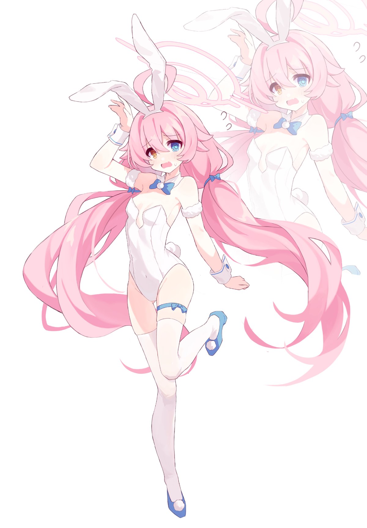hoshino (blue archive), blue archive, highres, 1girl, ahoge, alternate costume, animal ears, blue bow, blue bowtie, blue eyes, blue shoes, blush, bow, bowtie, breasts, detached collar, fake animal ears, fake tail, flying sweatdrops, full body, halo, heterochromia, high heels, imro 0000, leotard, long hair, looking at viewer, low twintails, open mouth, pink hair, pink halo, playboy bunny, rabbit ears, rabbit tail, shoes, simple background, small breasts, standing, standing on one leg, strapless, strapless leotard, tail, thigh strap, thighhighs, twintails, very long hair, white background, white leotard, white thighhighs, wrist cuffs, yellow eyes, zoom layer