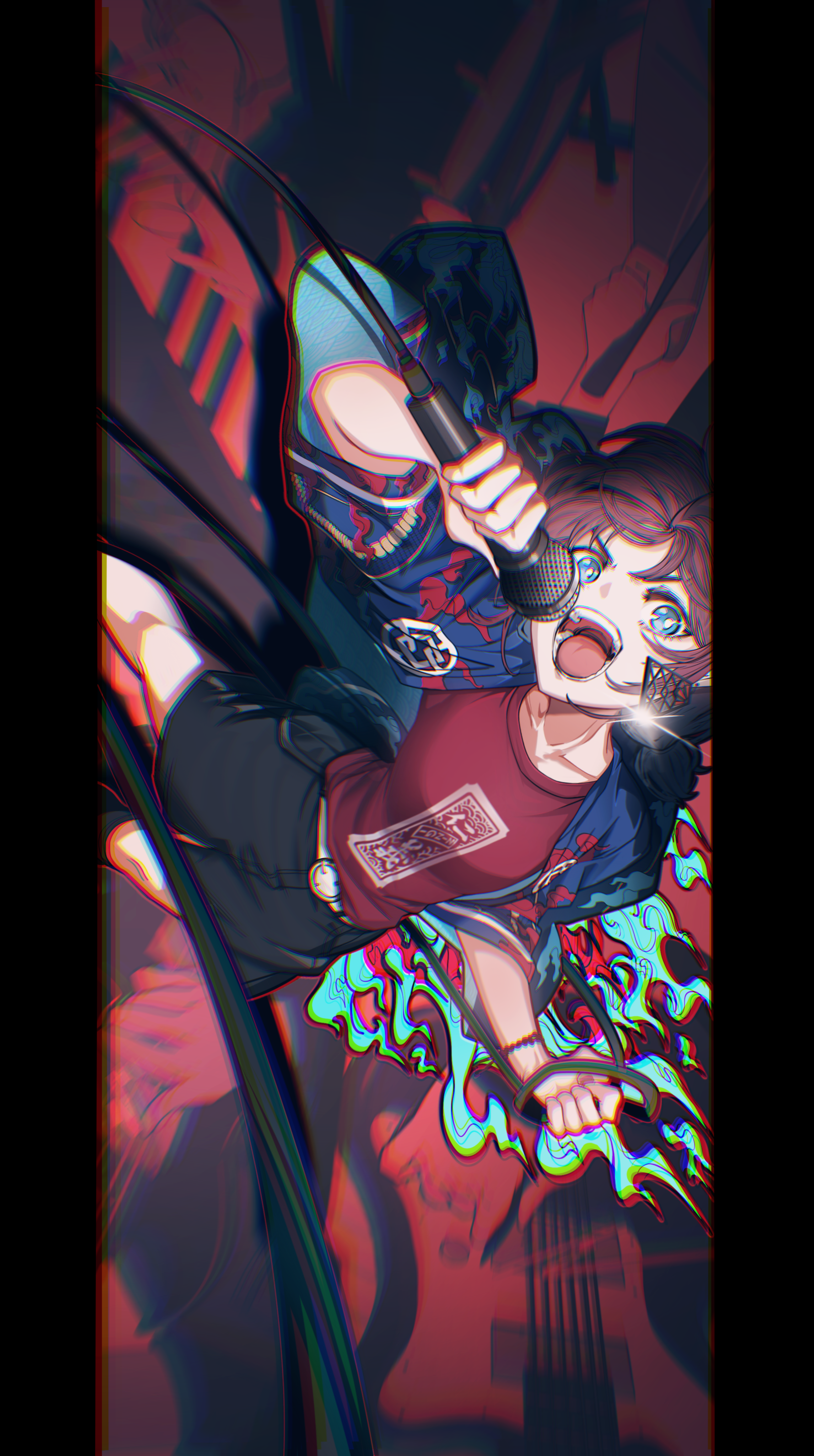 turtleheart5, iseri nina, girls band cry, absurdres, chinese commentary, commentary request, highres, 1girl, belt, black shorts, blue eyes, bright pupils, brown hair, chromatic aberration, earrings, glint, holding, holding microphone, jewelry, looking at viewer, microphone, music, open mouth, pillarboxed, red shirt, shirt, shorts, sideways, singing, solo, teeth