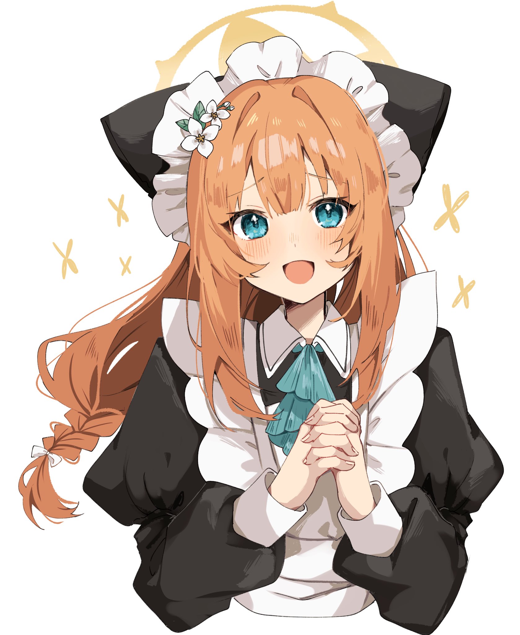mari (blue archive), blue archive, commentary, highres, 1girl, alternate costume, animal ear headwear, animal ears, apron, ascot, black dress, blue eyes, blush, braid, cat ears, cropped torso, dress, enmaided, fake animal ears, flower, hair flower, hair ornament, halo, long hair, long sleeves, looking at viewer, maid, maid apron, maid headdress, mamiya076, open mouth, orange hair, own hands clasped, own hands together, puffy sleeves, simple background, smile, solo, upper body, white apron, white background, white flower, yellow halo