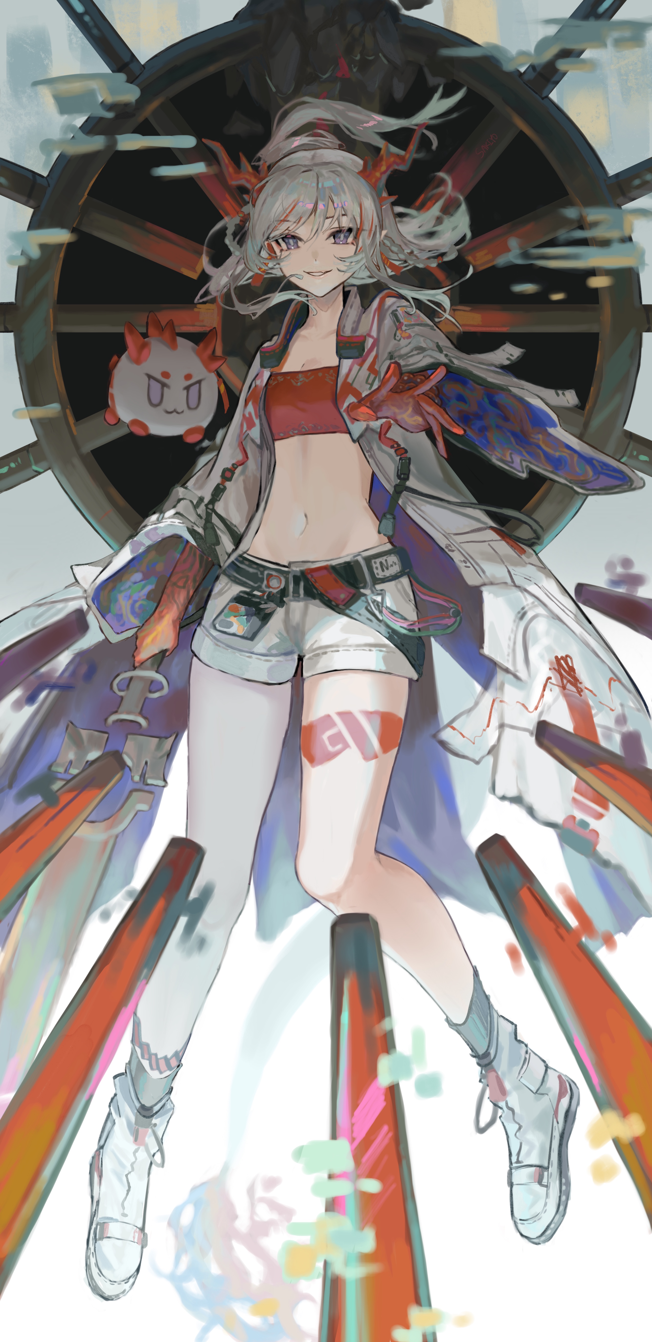sakiyo, nian (arknights), arknights, absurdres, highres, 1girl, bandeau, bare legs, belt, black belt, coat, grey hair, grin, horns, long sleeves, looking at viewer, medium hair, midriff, navel, open clothes, open coat, purple eyes, red tube top, shoes, shorts, smile, solo, stomach, strapless, tube top, white coat, white shoes, white shorts
