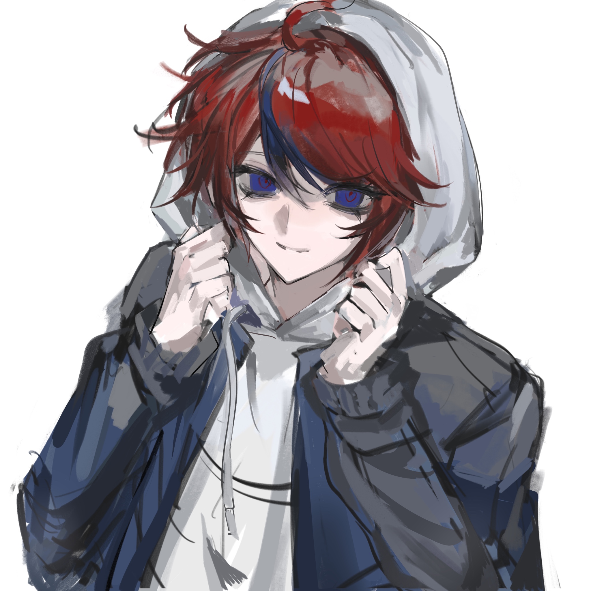 sumino takumi, the hundred line -last defense academy-, chinese commentary, commentary request, highres, 1boy, ahoge, bags under eyes, black hair, blue eyes, blue jacket, closed mouth, drawstring, grey jacket, gun ji, hair between eyes, hood, hood up, hoodie, jacket, jacket over hoodie, long sleeves, looking at viewer, male focus, multicolored hair, multicolored jacket, open clothes, open jacket, red hair, red pupils, short hair, simple background, smile, solo, streaked hair, two-tone hair, two-tone jacket, upper body, white background, white hoodie