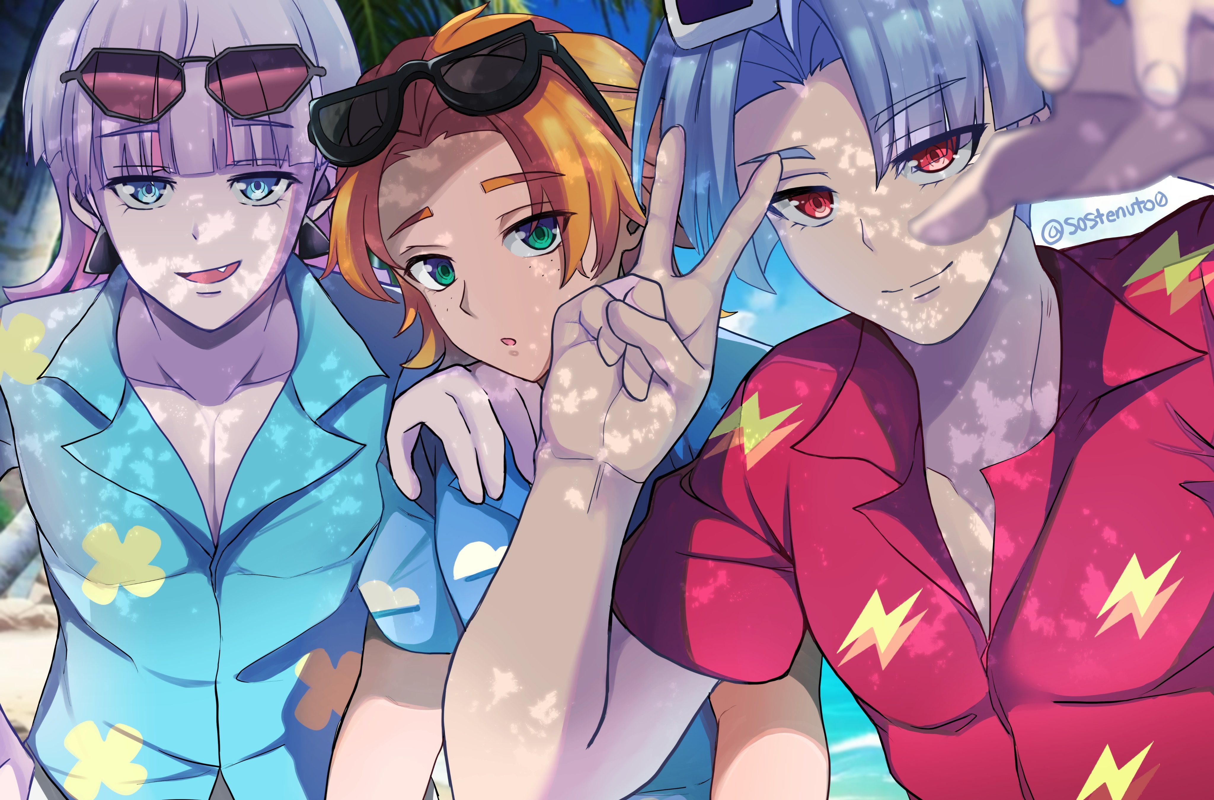 brief (psg), polyester (psg), polyurethane (psg), panty & stocking with garterbelt, absurdres, highres, 3boys, artist name, blue eyes, brothers, dappled sunlight, day, eyewear on head, freckles, green eyes, hand on another's shoulder, hawaiian shirt, looking at viewer, male focus, medium hair, multiple boys, orange hair, outdoors, palm tree, pectorals, purple hair, red eyes, selfie, shirt, short hair, siblings, smile, sostenuto0, sunglasses, sunlight, tree, v