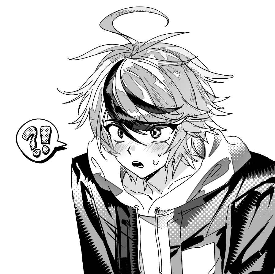 guodongmaibo, sumino takumi, the hundred line -last defense academy-, chinese commentary, commentary request, !?, 1boy, ahoge, blush, collarbone, drawstring, greyscale, hair between eyes, hood, hood down, jacket, jacket over hoodie, male focus, monochrome, multicolored hair, open clothes, open jacket, open mouth, short hair, simple background, solo, speech bubble, spoken interrobang, streaked hair, sweat, two-tone hair, upper body, white background