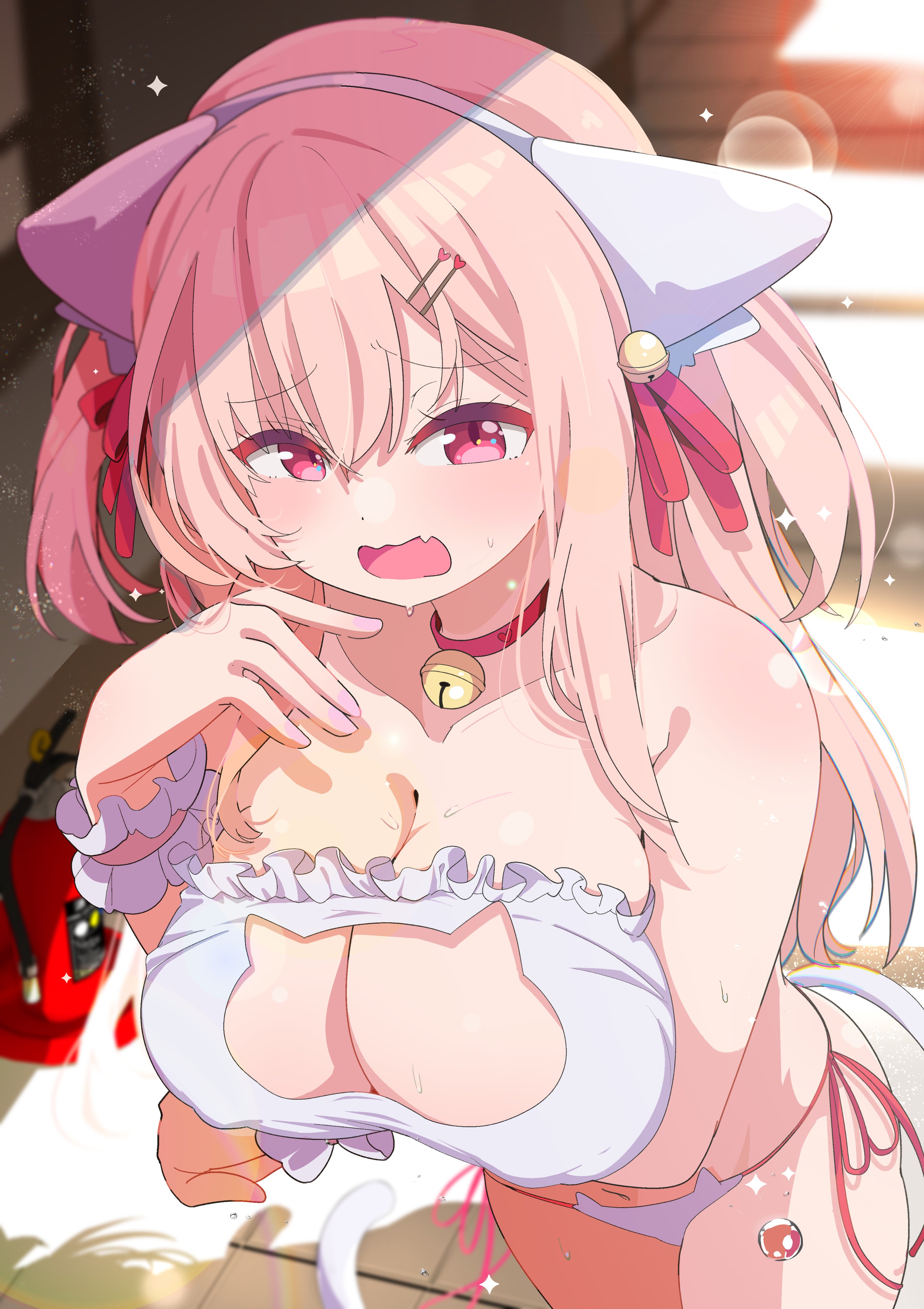 shiro9jira, original, absurdres, commission, highres, skeb commission, 1girl, animal ears, bell, blush, bra, breasts, cat ear panties, cat ears, cat tail, cleavage, fang, frilled bra, frills, hair ornament, hand up, jingle bell, large breasts, long hair, neck bell, open mouth, panties, pink eyes, pink hair, sweatdrop, tail, two side up, underwear, wrist cuffs