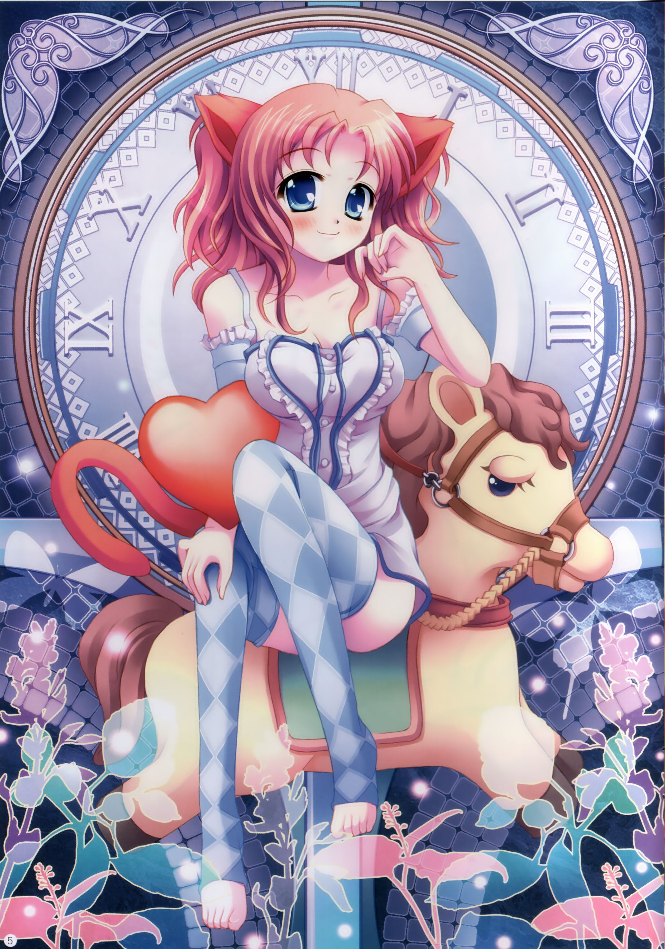 absurdres, highres, 1girl, animal ears, blue eyes, blue hair, blush, cat ears, cat tail, checkered clothes, checkered legwear, female focus, flower, fox ears, horse, long hair, matching hair/eyes, patterned legwear, pink hair, short hair, skirt, smile, solo, tail, thighhighs, toeless legwear, toes