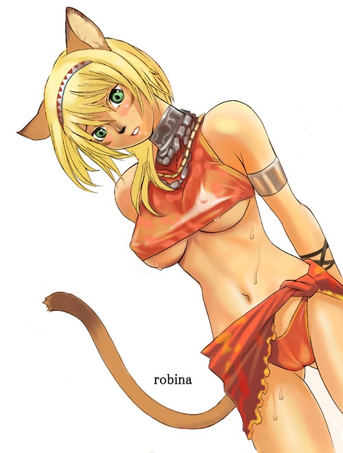 mithra (ff11), final fantasy, final fantasy xi, 00s, animal ears, blush, breasts, cat ears, cat tail, midriff, short hair, sweat, tail