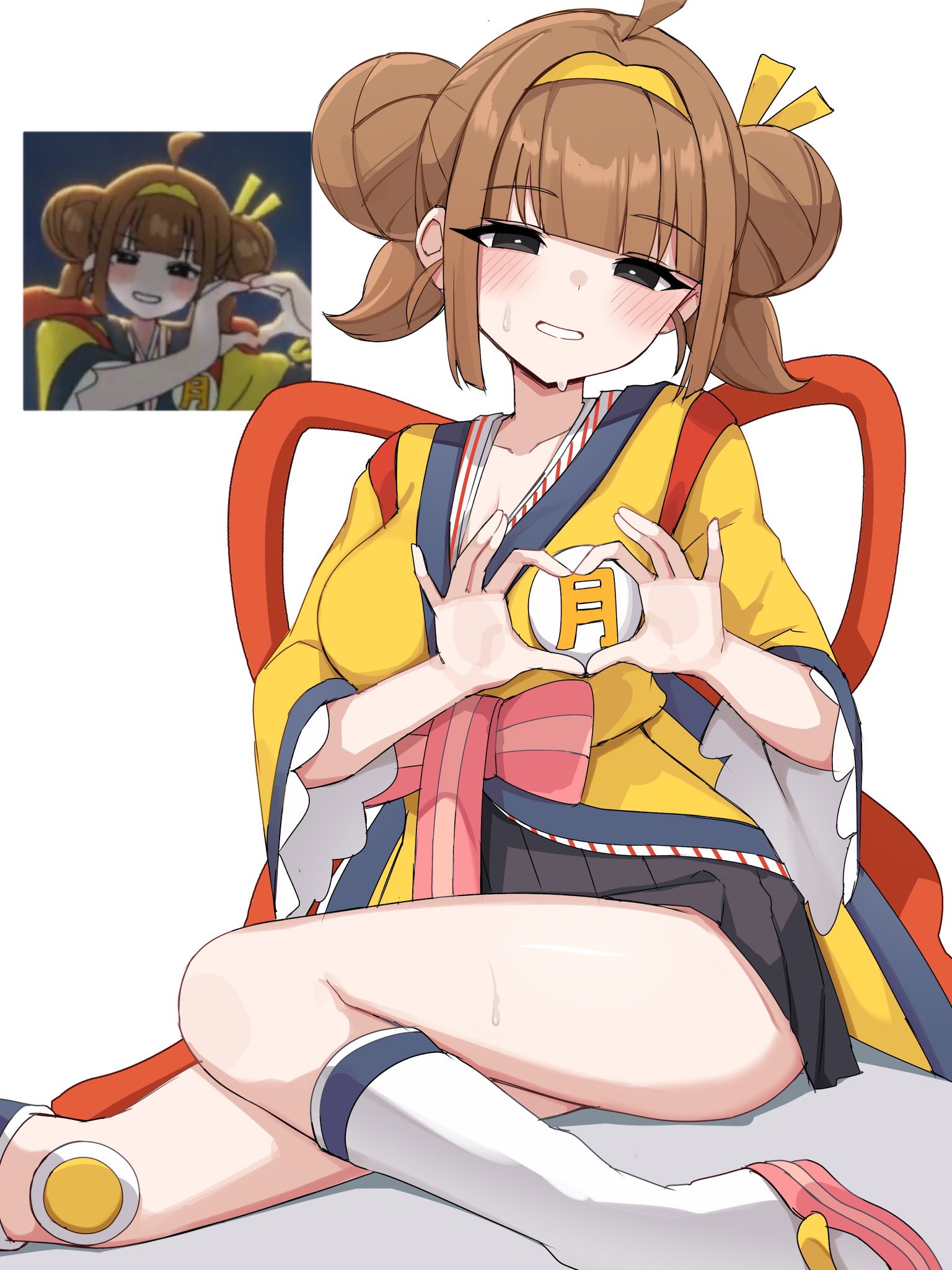 shinonome shino (artist), imadake dabuchi tabemi, mcdonald's, highres, 1girl, ahoge, back ribbon, badge, bandaid, bandaid on leg, black eyes, black skirt, blush, bow, brown hair, double bun, employee uniform, fast food uniform, furisode sleeves, hair bun, hairband, half-closed eyes, heart, heart-shaped boob challenge, heart hands, obi, okobo, pink bow, platform sandals, reference inset, sandals, sash, simple background, sitting, skirt, socks, solo, sweat, twintails, white background, white socks, yellow hairband, yellow happi