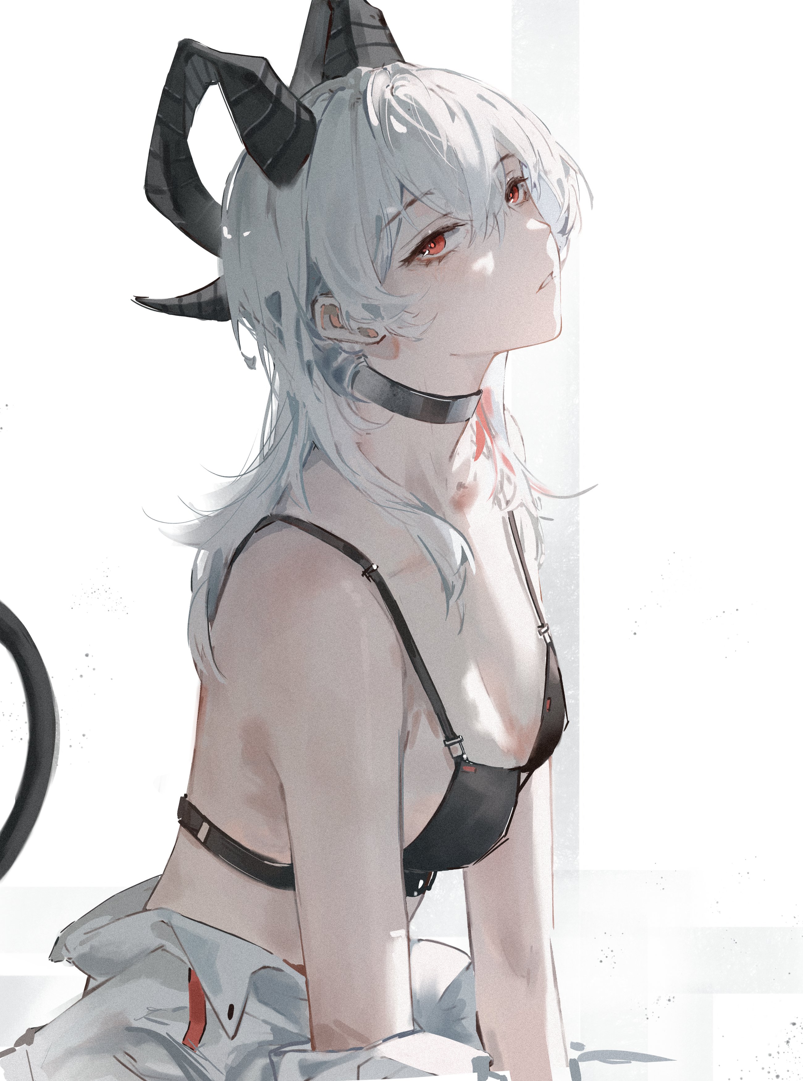 elyzerda, zani (wuthering waves), wuthering waves, absurdres, commentary, highres, symbol-only commentary, 1girl, bare shoulders, black bra, black choker, black horns, bra, breasts, choker, clothes down, collarbone, curled horns, from side, hair between eyes, horns, long hair, looking at viewer, looking to the side, medium breasts, multicolored hair, parted lips, red eyes, shirt, solo, streaked hair, underwear, upper body, white background, white hair, white shirt