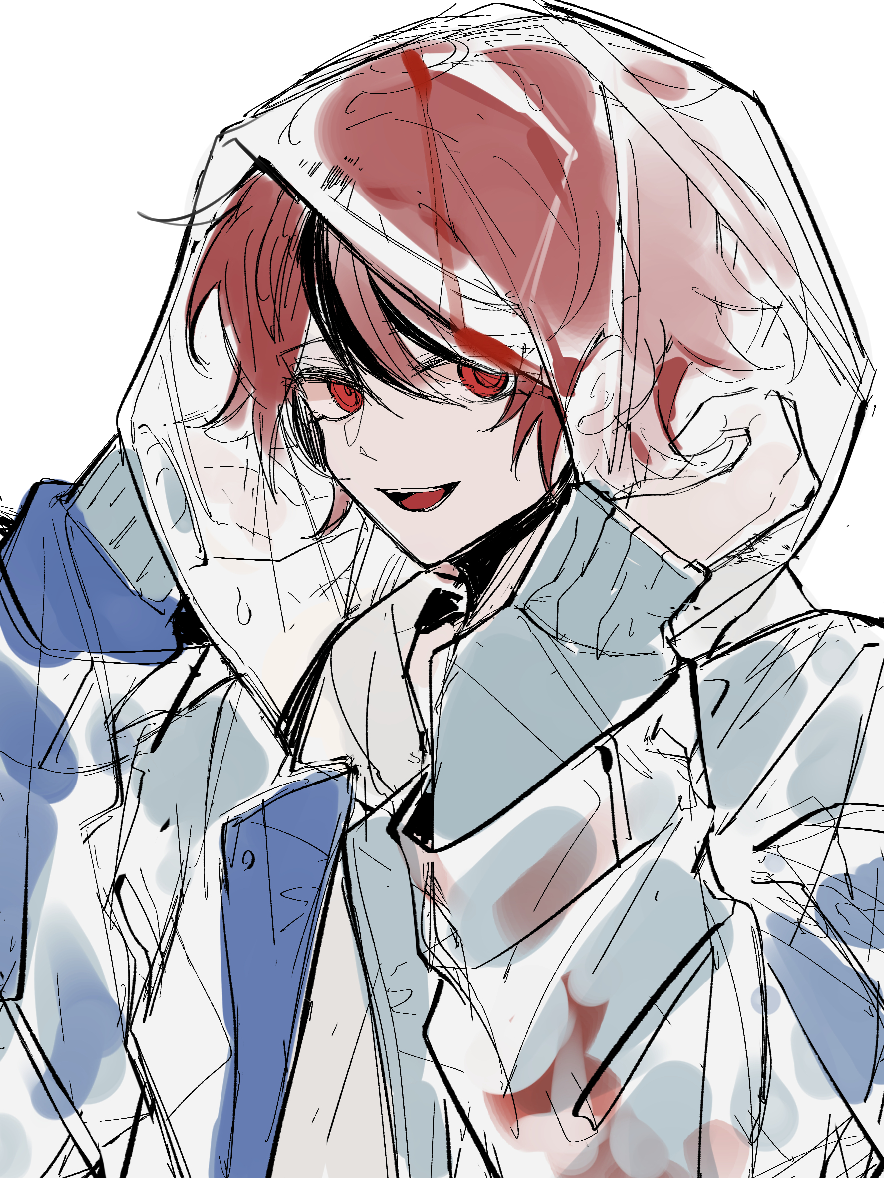 sumino takumi, the hundred line -last defense academy-, chinese commentary, commentary request, highres, spoilers, 1boy, black hair, blood, blood on clothes, blue jacket, grey jacket, hair between eyes, hood, hood down, hood up, hoodie, jacket, long sleeves, male focus, multicolored hair, multicolored jacket, official alternate eye color, open clothes, open jacket, open mouth, qiutian rusuanjun, raincoat, red eyes, red hair, see-through clothes, see-through raincoat, simple background, sketch, smile, solo, streaked hair, two-tone hair, two-tone jacket, upper body, white background, white hoodie