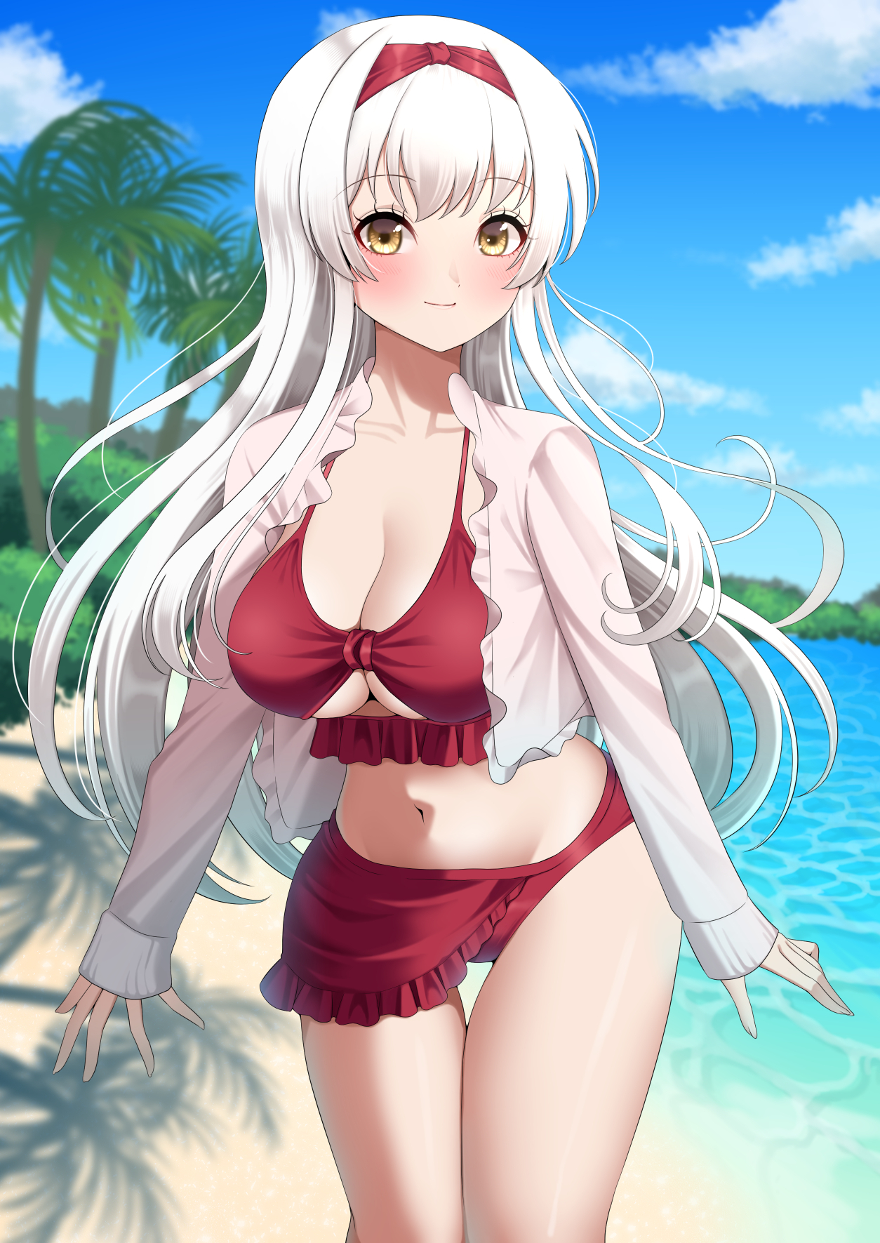 yomogi dango, shoukaku (kancolle), kantai collection, highres, 1girl, alternate costume, beach, bikini, blue sky, blush, breasts, cleavage, cloud, cowboy shot, day, frilled bikini, frills, headband, jacket, large breasts, long hair, looking at viewer, navel, outdoors, palm tree, red bikini, red headband, sand, sky, smile, solo, swimsuit, tree, very long hair, white hair, white jacket, yellow eyes