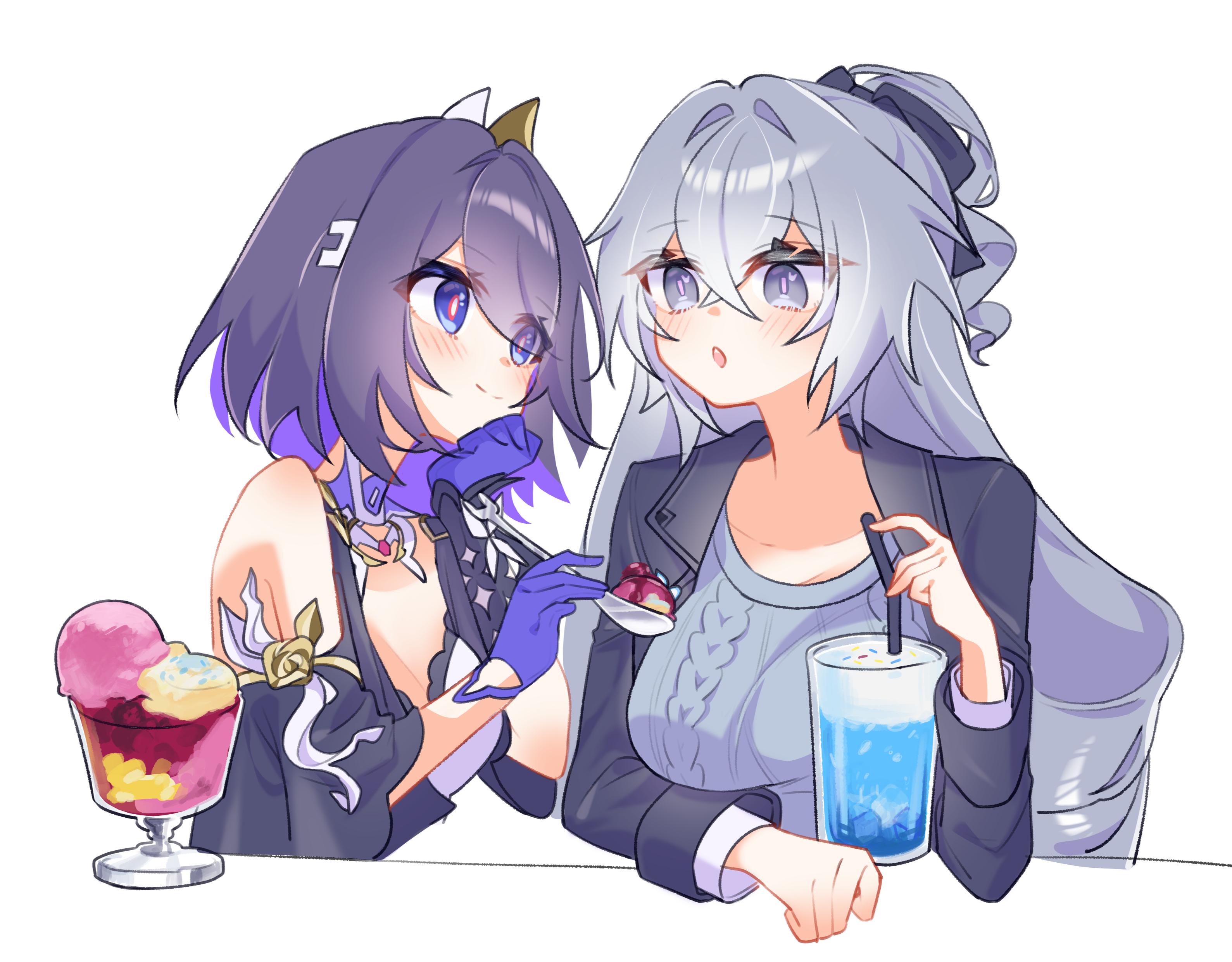 pic p p, bronya zaychik, bronya zaychik (outstanding attitude), bronya zaychik (silverwing: n-ex), seele vollerei, honkai (series), honkai impact 3rd, absurdres, highres, 2girls, bare shoulders, black jacket, blue eyes, blue gloves, breasts, cup, drinking glass, drinking straw, food, gloves, grey eyes, grey hair, grey sweater, hair intakes, half updo, holding, holding spoon, ice cream, jacket, large breasts, long hair, long sleeves, looking at another, multiple girls, open mouth, purple hair, short hair, simple background, smile, spoon, sweater, upper body, very long hair, white background