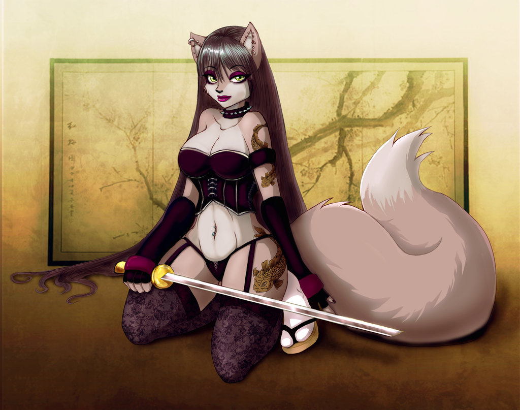 artist request, source request, collar, corset, elbow gloves, fingerless gloves, fox, furry, gloves, goth fashion, hip focus, long hair, panties, piercing, sword, tail, tattoo, thick thighs, thighhighs, thighs, underwear, weapon, wide hips
