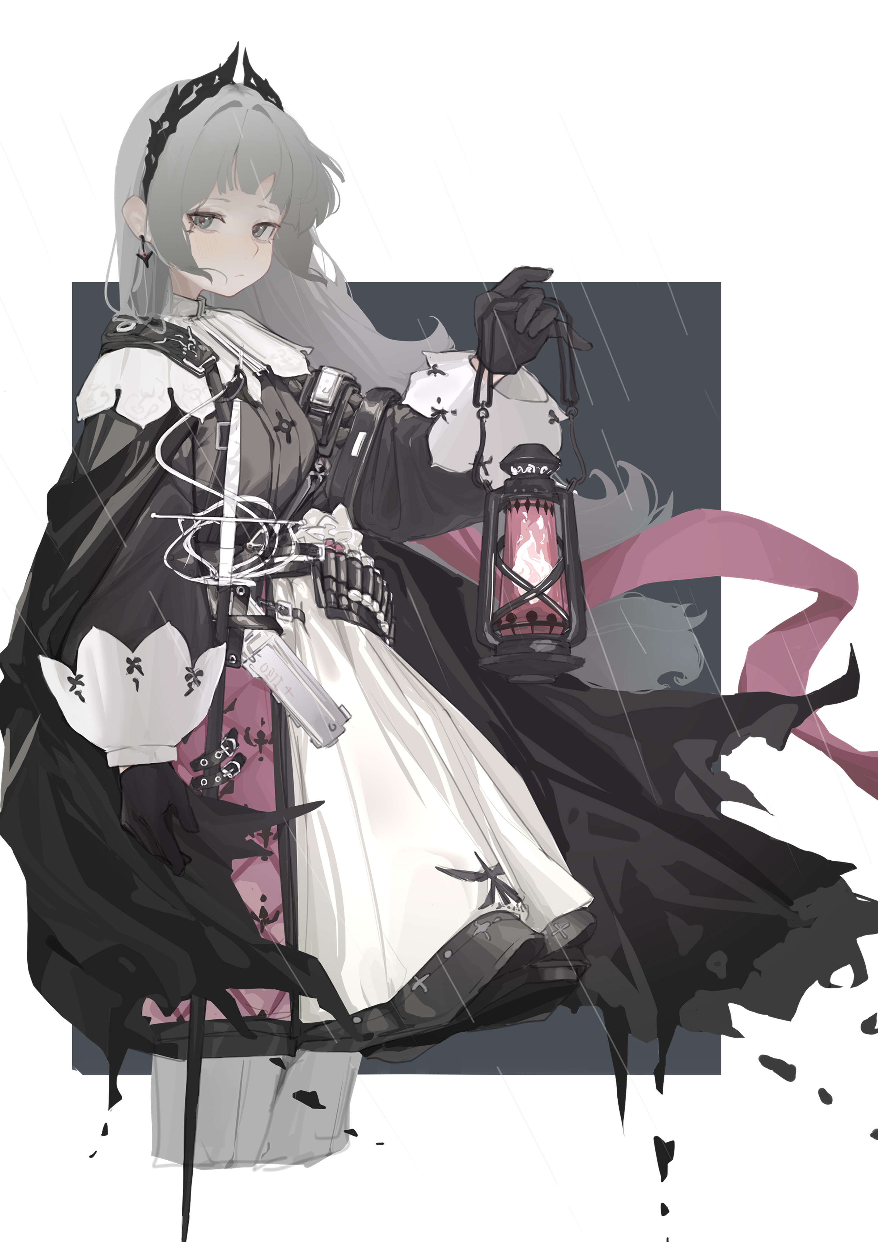 patata24655, irene (arknights), arknights, absurdres, commentary request, highres, 1girl, black cape, black gloves, black jacket, border, cape, capelet, cross scar, earrings, gloves, grey eyes, grey hair, gun, handgun, head wings, holding, holding lantern, jacket, jewelry, lantern, long hair, multicolored skirt, pantyhose, pink pupils, pink ribbon, pink skirt, puffy sleeves, rain, ribbon, scar, scar on face, sheath, sheathed, skirt, solo, sword, weapon, white capelet, white pantyhose, white skirt, white sleeve cuffs, wings