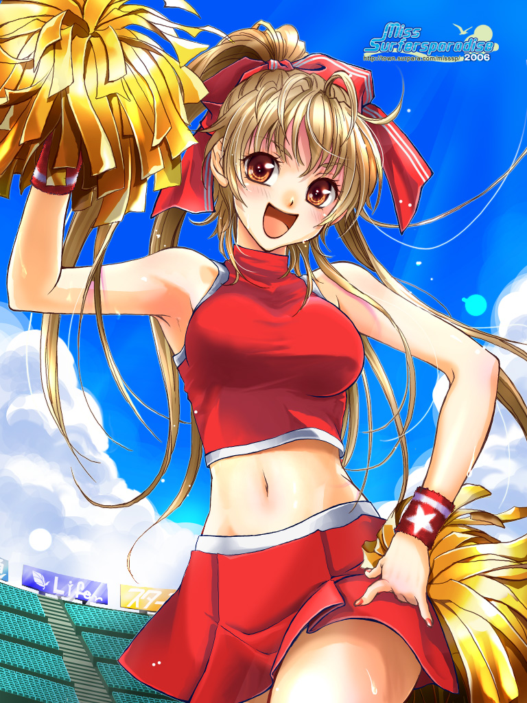 ogihara mikumi, miss surfersparadise, 00s, 1girl, 2006, bare shoulders, blonde hair, blush, bow, breasts, brown eyes, cheerleader, female focus, long hair, midriff, pom pom (cheerleading), ponytail, skirt, sleeveless, sleeveless turtleneck, smile, solo, sweat, turtleneck, very long hair, wristband