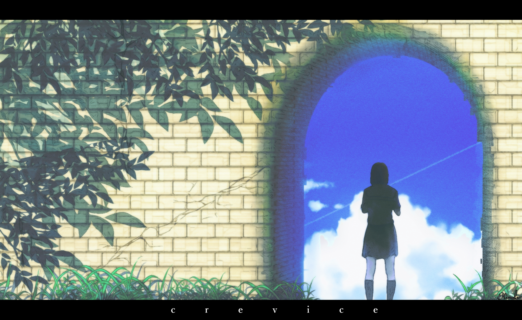 kinoko no sato, original, commentary, english commentary, highres, 1girl, arch, artist name, blue sky, branch, brick wall, cloud, contrail, from behind, kneehighs, letterboxed, school uniform, shadow, shirt, short hair, signature, skirt, sky, socks, solo, standing, wide shot