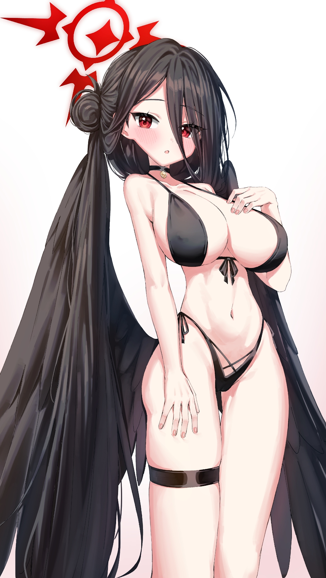 cobe, hasumi (blue archive), blue archive, highres, bikini, black bikini, black hair, blush, breasts, halo, hand on own chest, large breasts, long hair, navel, red eyes, red halo, swimsuit, twintails, very long hair