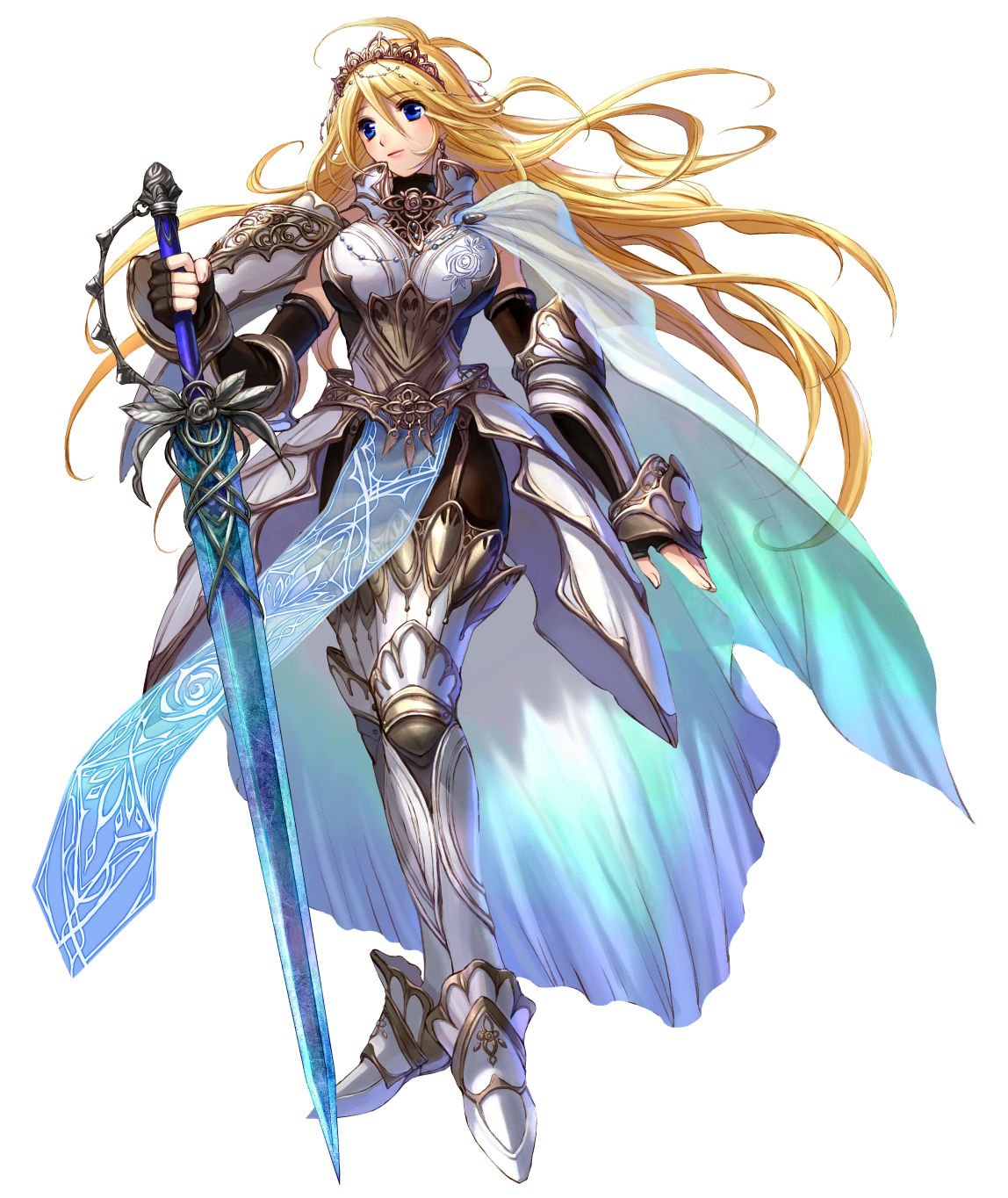 christianna, schmid diva, highres, 1girl, armor, blonde hair, blue eyes, breasts, cape, crown, female focus, gauntlets, greaves, hat, long hair, solo, sword, thighhighs, weapon