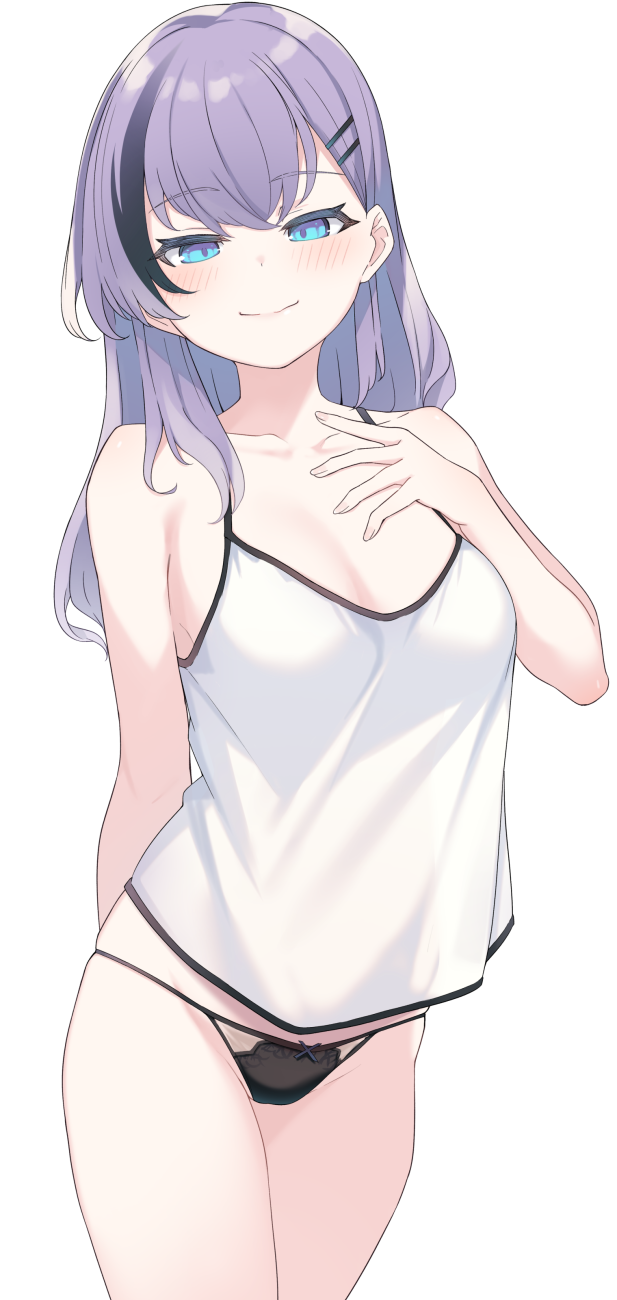 otokuyou, kinukawa chinatsu, original, commentary request, highres, paid reward available, 1girl, black panties, blue eyes, breasts, camisole, closed mouth, hair ornament, hairclip, large breasts, long hair, looking at viewer, multicolored hair, panties, parallel hairclips, purple hair, simple background, smile, solo, streaked hair, underwear, white background