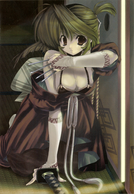 blush, breasts, long hair, ninja, sword, weapon