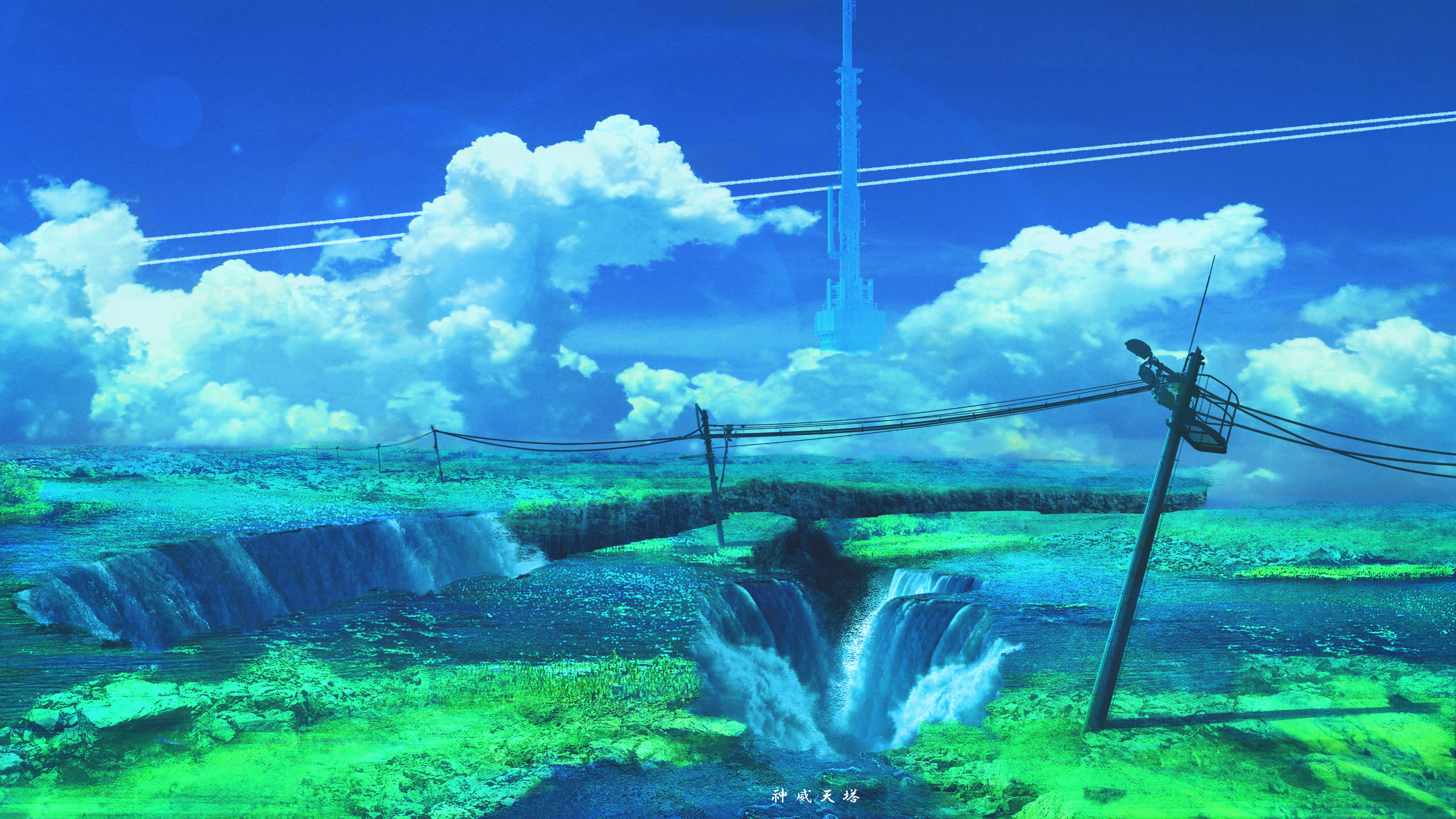 kinoko no sato, original, absurdres, commentary request, highres, blue sky, cliff, cloud, day, film grain, landscape, lens flare, no humans, outdoors, power lines, scenery, shadow, sky, spire, utility pole, water, waterfall