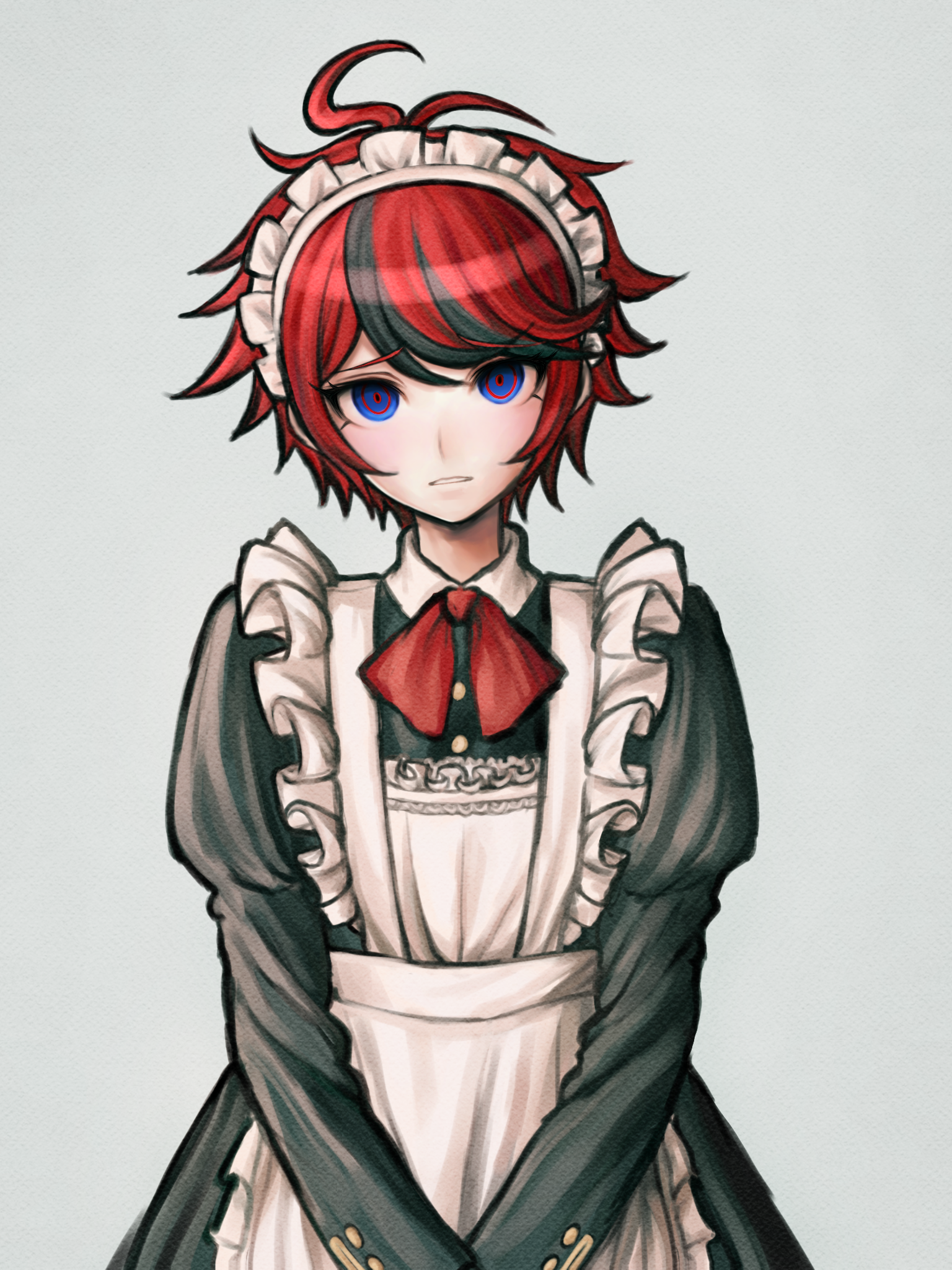 sumino takumi, the hundred line -last defense academy-, chinese commentary, commentary request, highres, 1boy, ahoge, akiine, alternate costume, apron, black dress, black hair, blue eyes, blush, bow, bowtie, buttons, crossdressing, crossdressing (mtf), dress, enmaided, frilled apron, frills, grey background, komatsuzaki rui (style), long sleeves, looking at viewer, maid, maid apron, maid headdress, male focus, male maid, multicolored hair, red bow, red bowtie, red hair, short hair, simple background, solo, streaked hair, two-tone hair, upper body, white apron