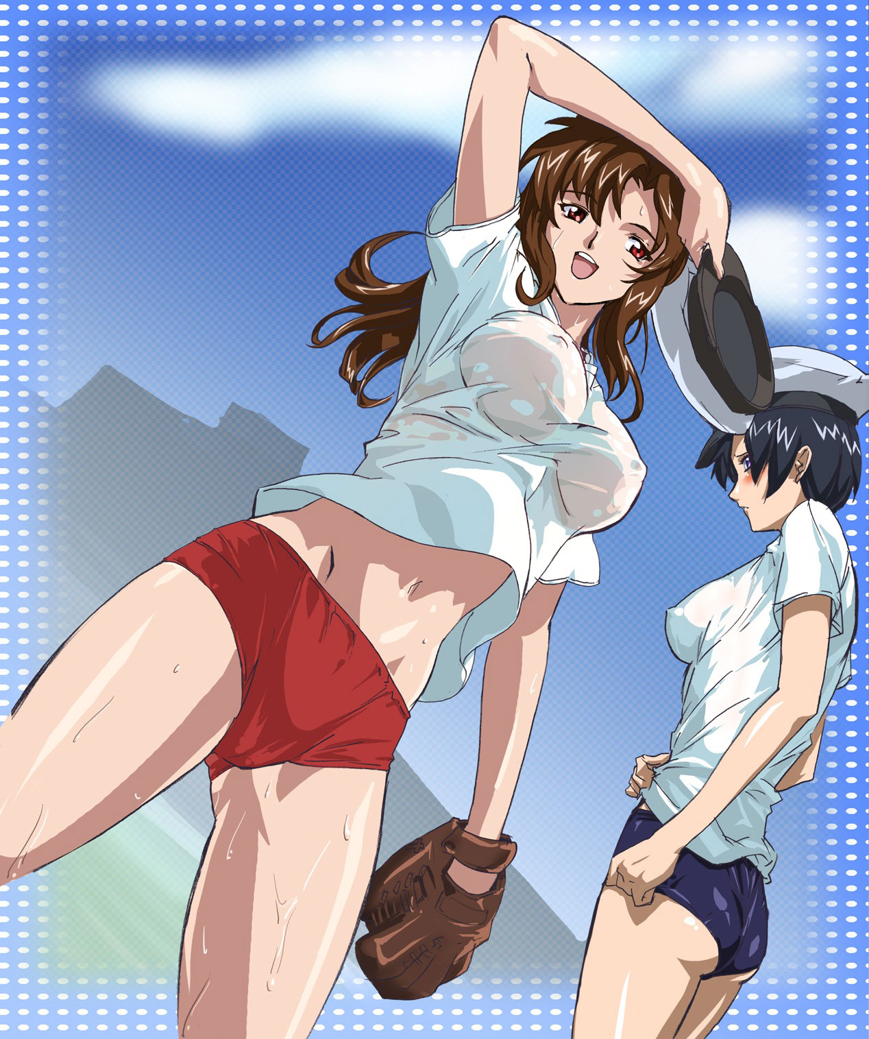 lux (alpa), murrue ramius, natarle badgiruel, gundam, gundam seed, duplicate, highres, 00s, 2girls, breasts, buruma, censored, covered erect nipples, gym uniform, long hair, midriff, multiple girls, open mouth, playing sports, see-through clothes, short hair, sweat, underwear, wet