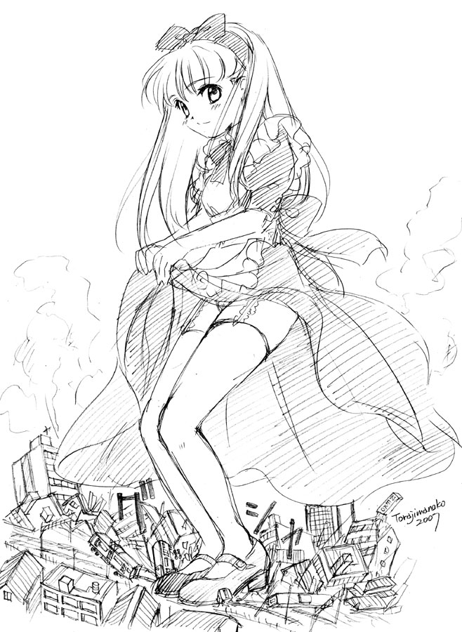 apron, blush, giant, giantess, long hair, panties, sketch, skirt, thighhighs, underwear