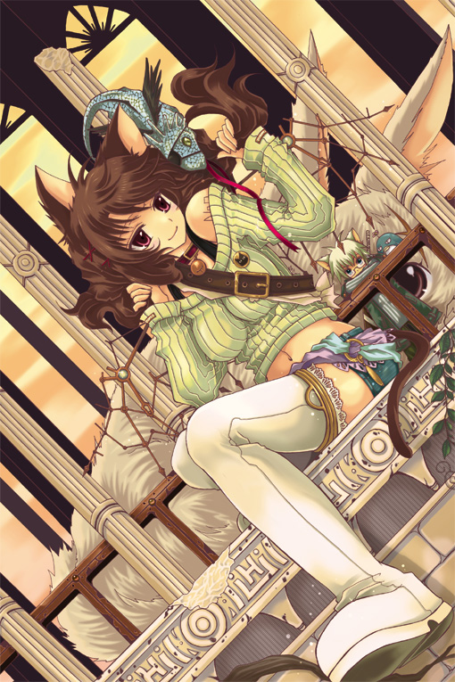 sakurai unan, animal ears, boots, breasts, cat ears, cat tail, dragon, dutch angle, fantasy, long hair, midriff, rabbit, shorts, tail, thigh boots, thighhighs